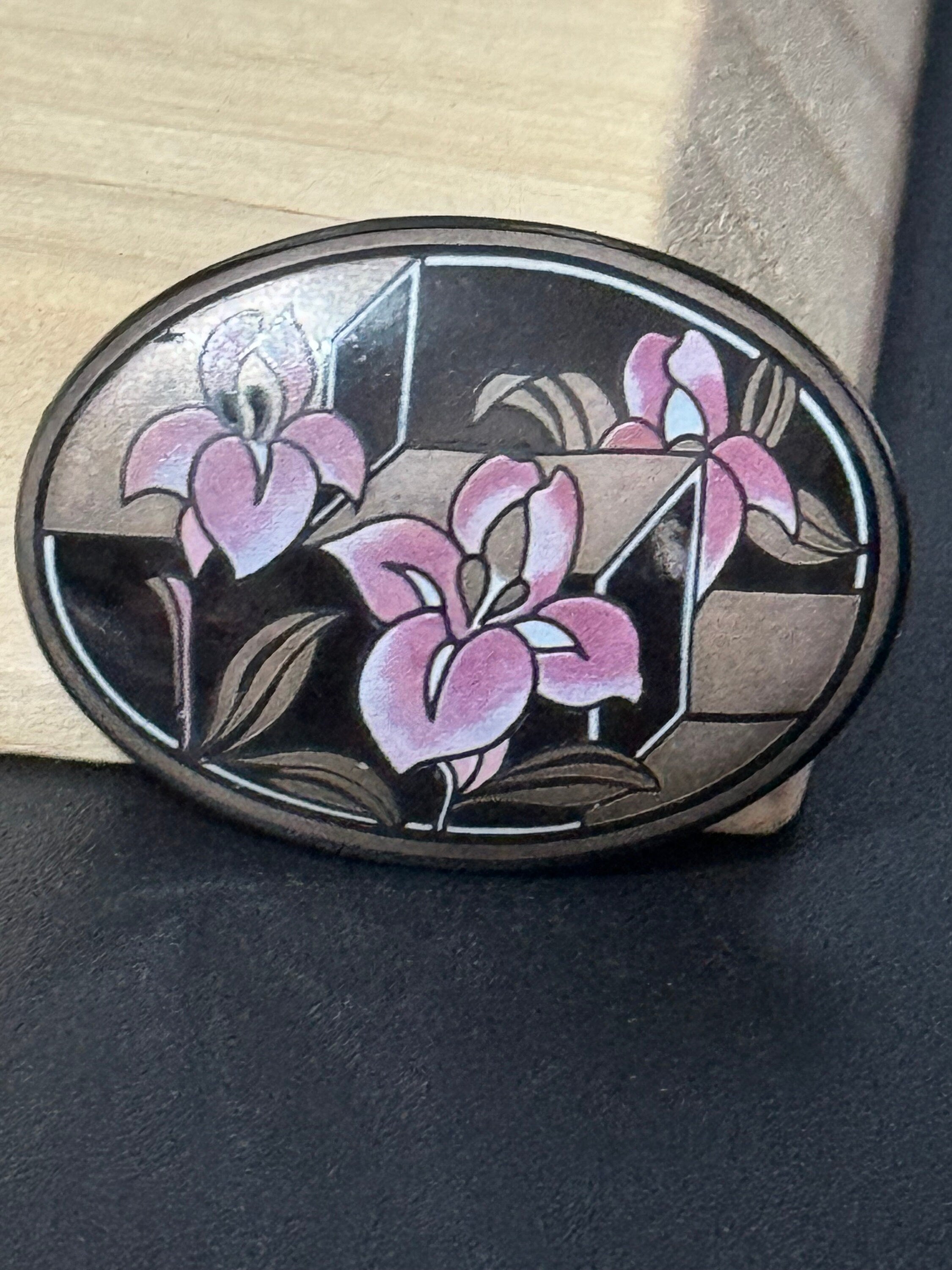 Austrian Vintage Michaela Frey black, Pink and gold enamel antique style floral brooch from Austria