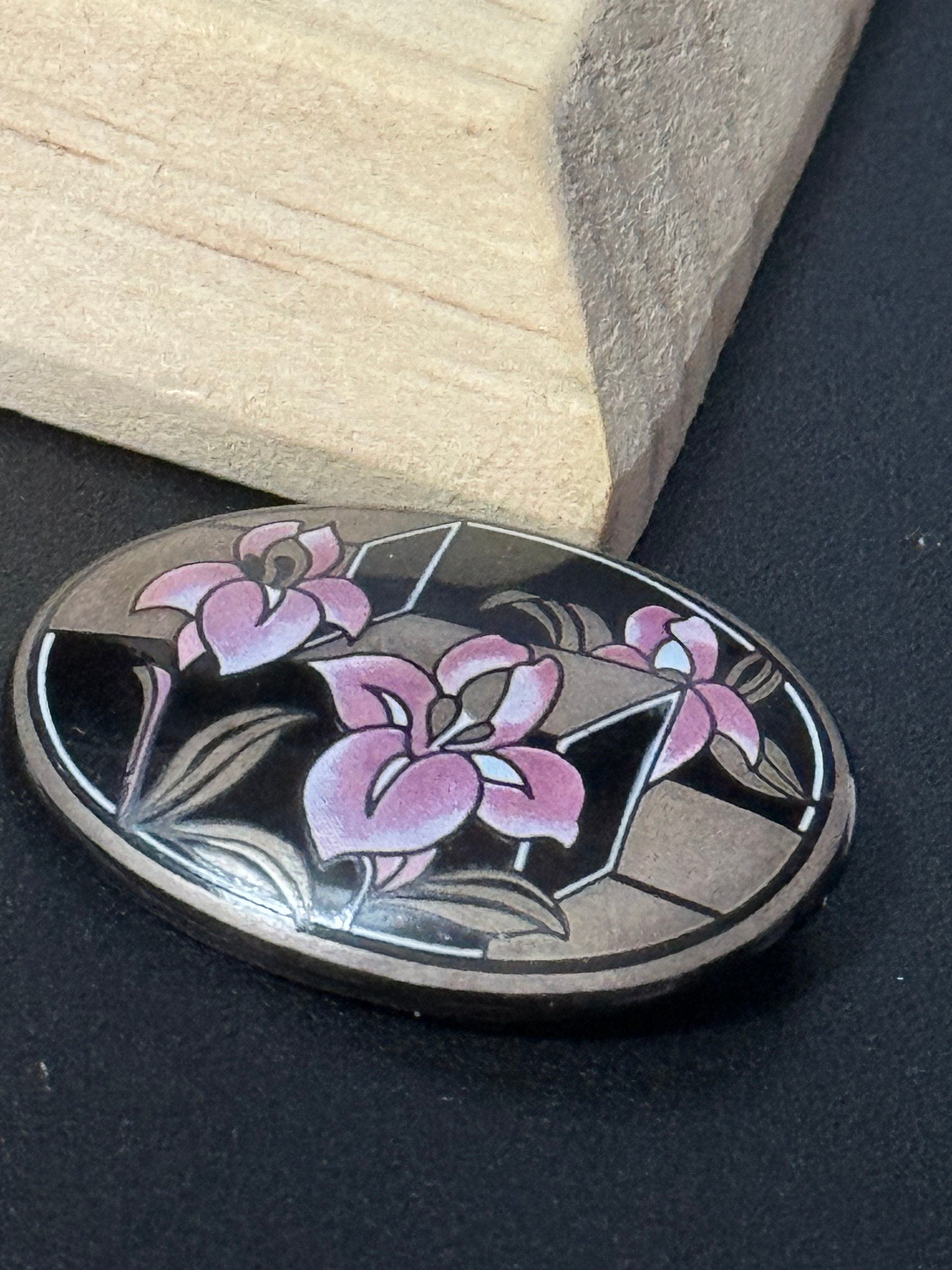 Austrian Vintage Michaela Frey black, Pink and gold enamel antique style floral brooch from Austria