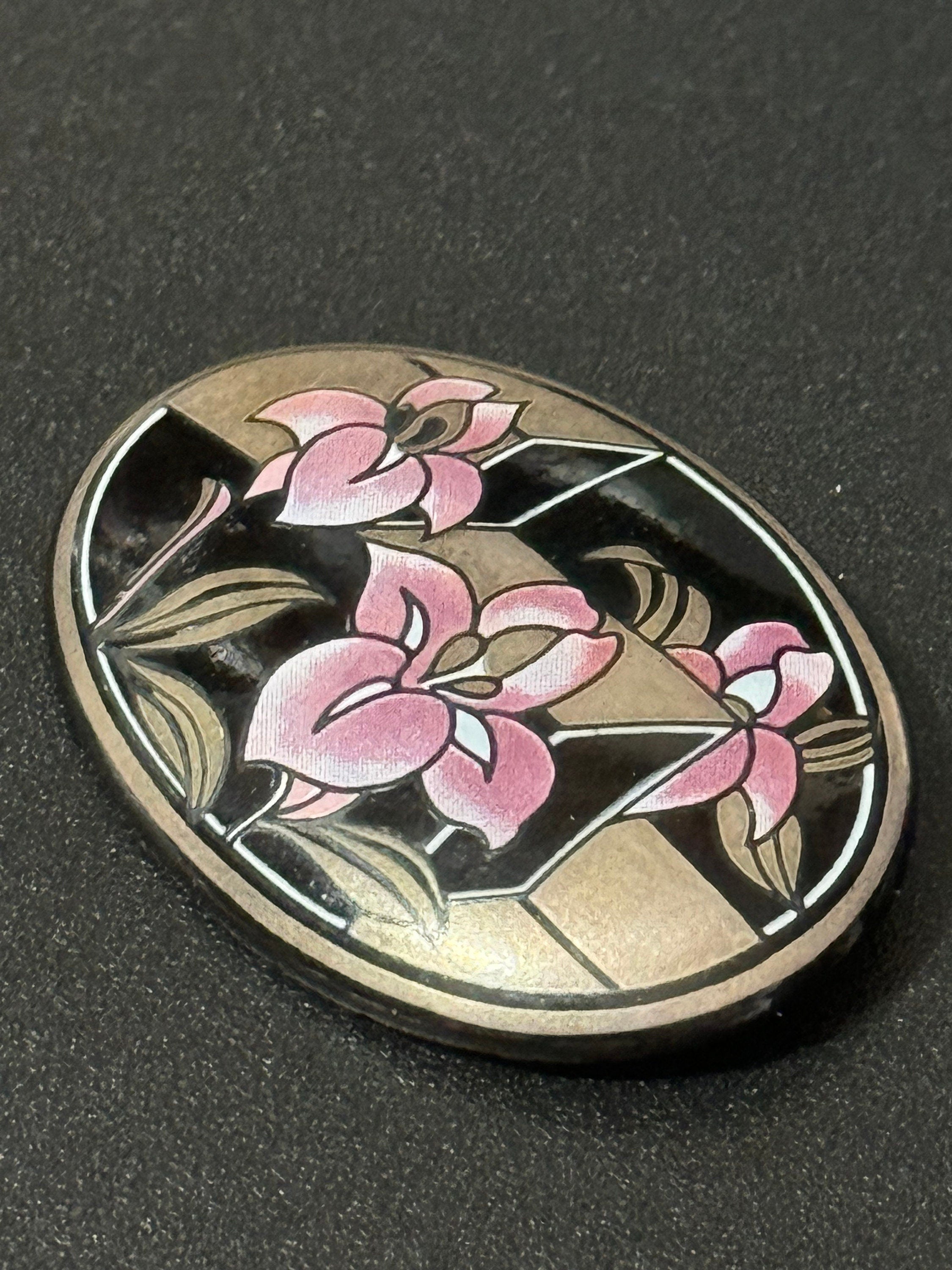 Austrian Vintage Michaela Frey black, Pink and gold enamel antique style floral brooch from Austria