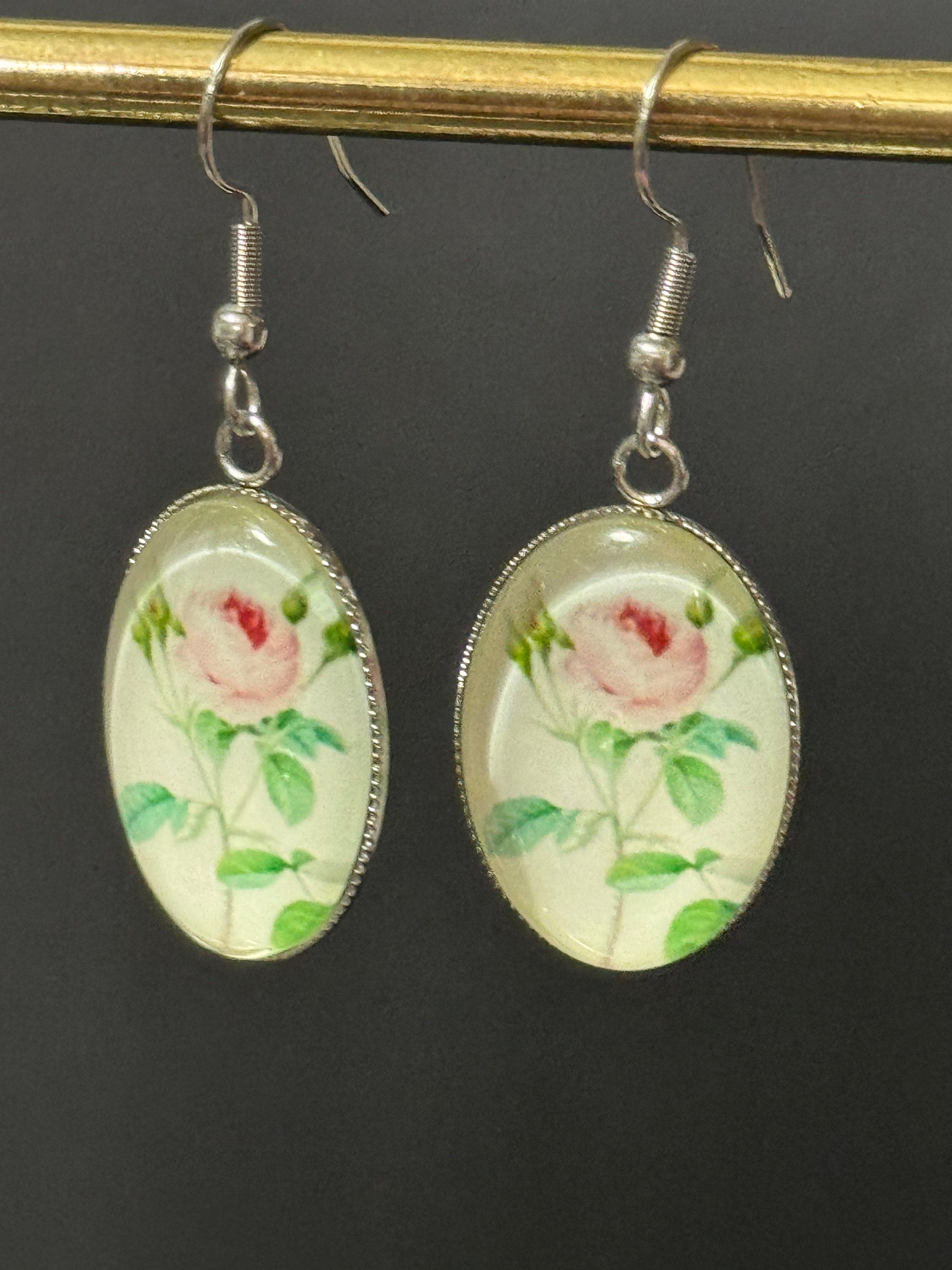 Garden flowers soft Pink roses oval glass cabochon pierced drop earrings non tarnish stainless steel