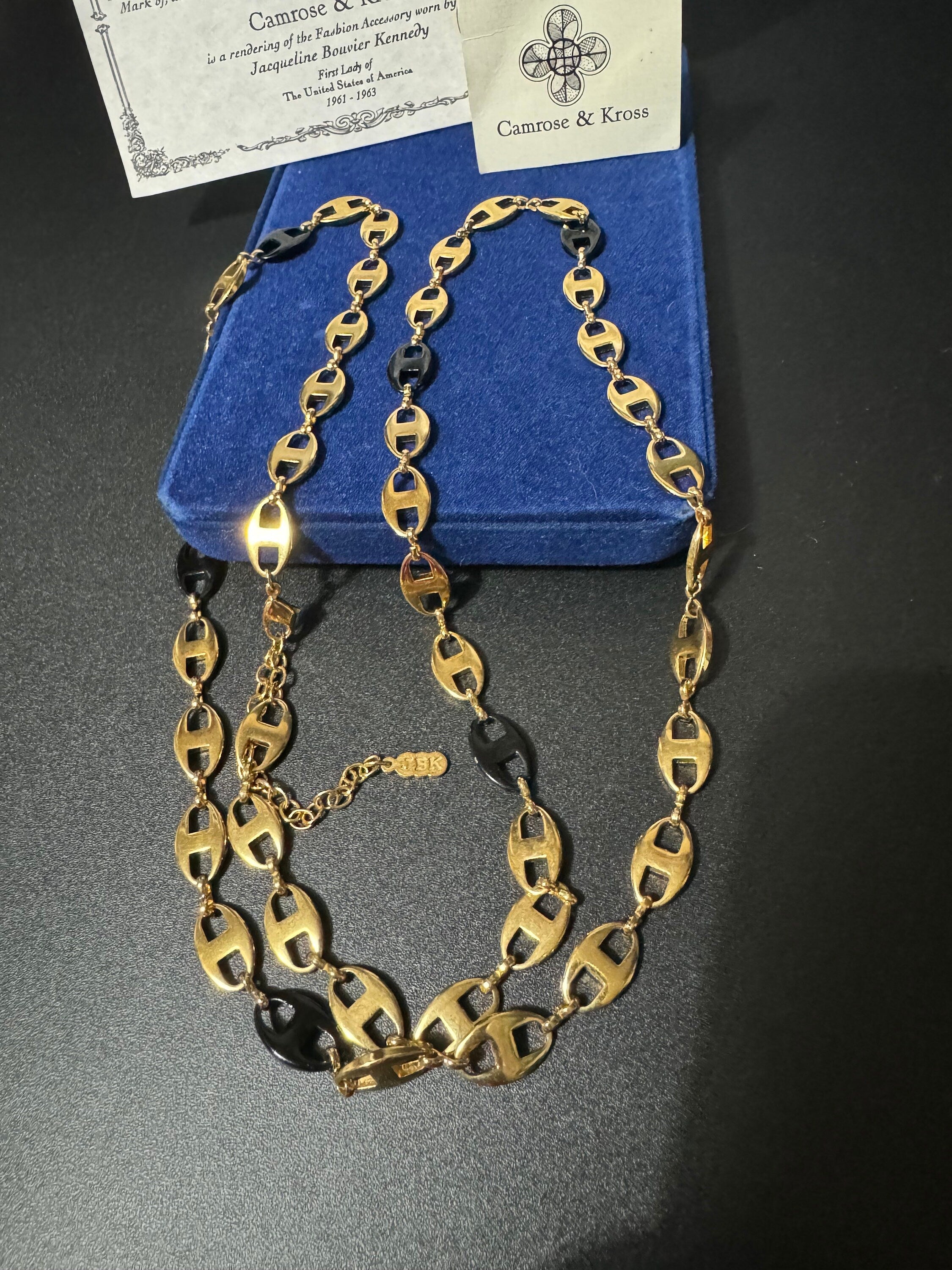 Camrose and kross long black and gold plated mariner link chain necklace Jacqueline bouvier Kennedy