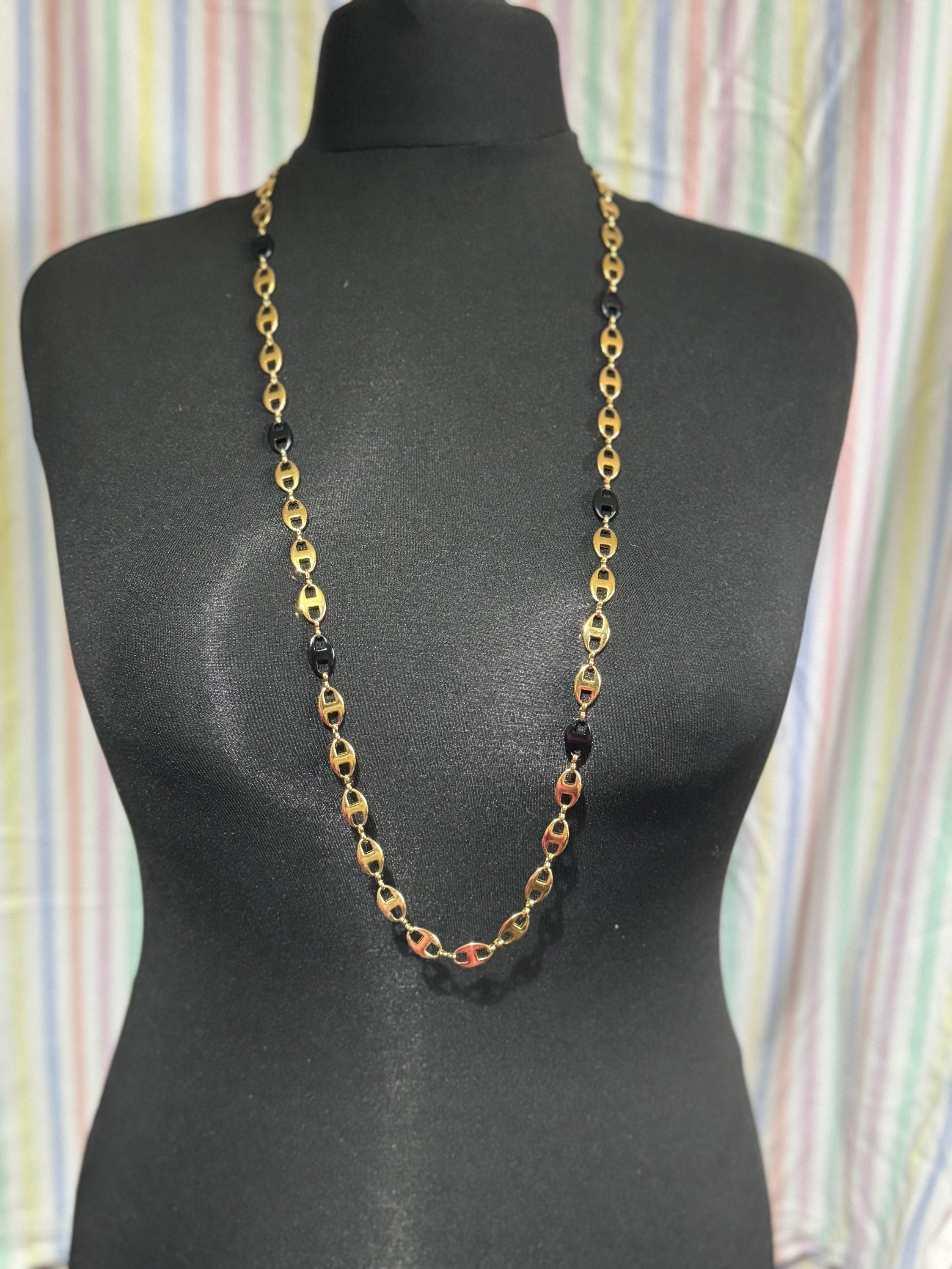 Camrose and kross long black and gold plated mariner link chain necklace Jacqueline bouvier Kennedy