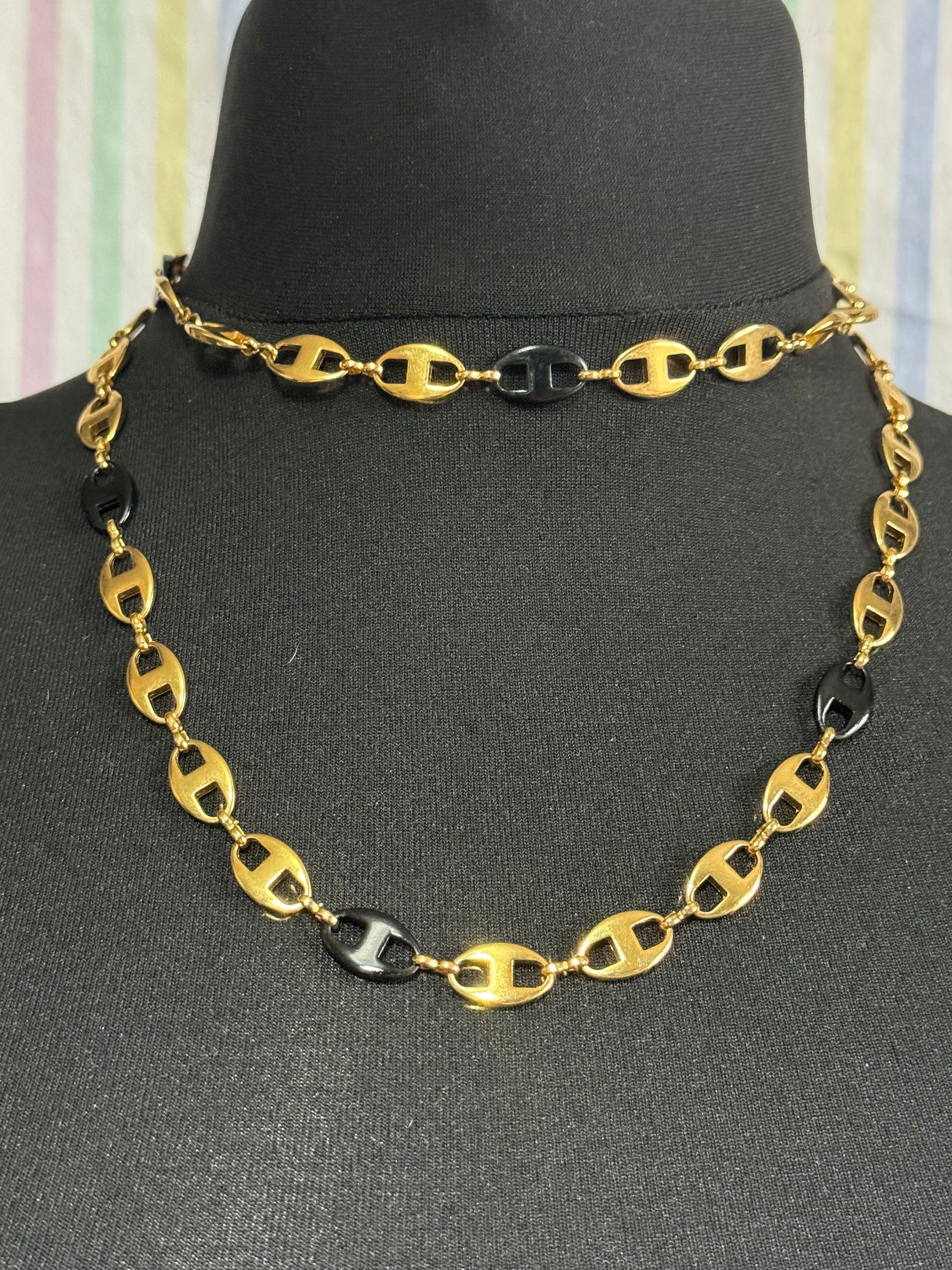 Camrose and kross long black and gold plated mariner link chain necklace Jacqueline bouvier Kennedy