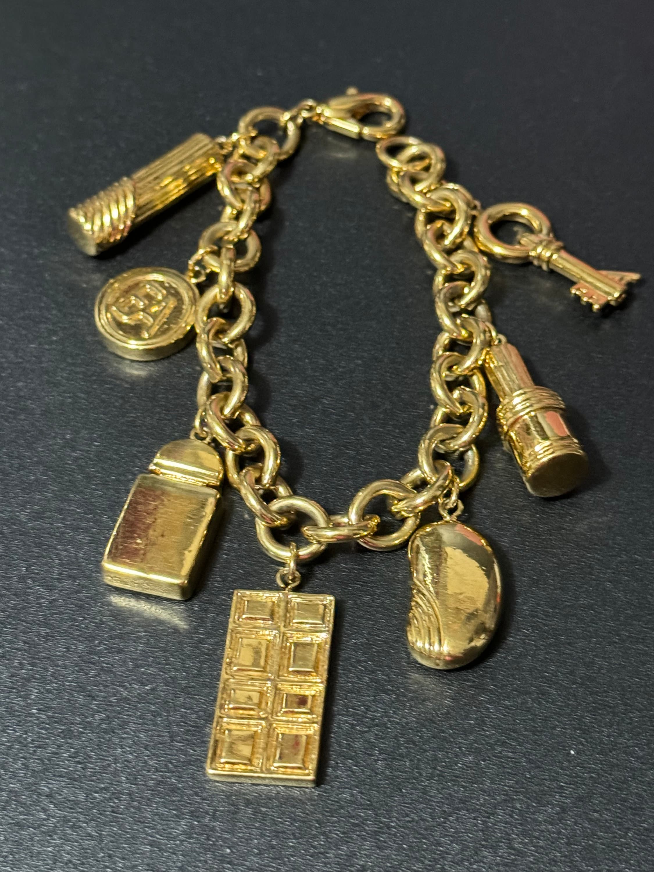 Signed Elizabeth Arden novelty cosmetics lipstick perfume scent charm bracelet gold plated