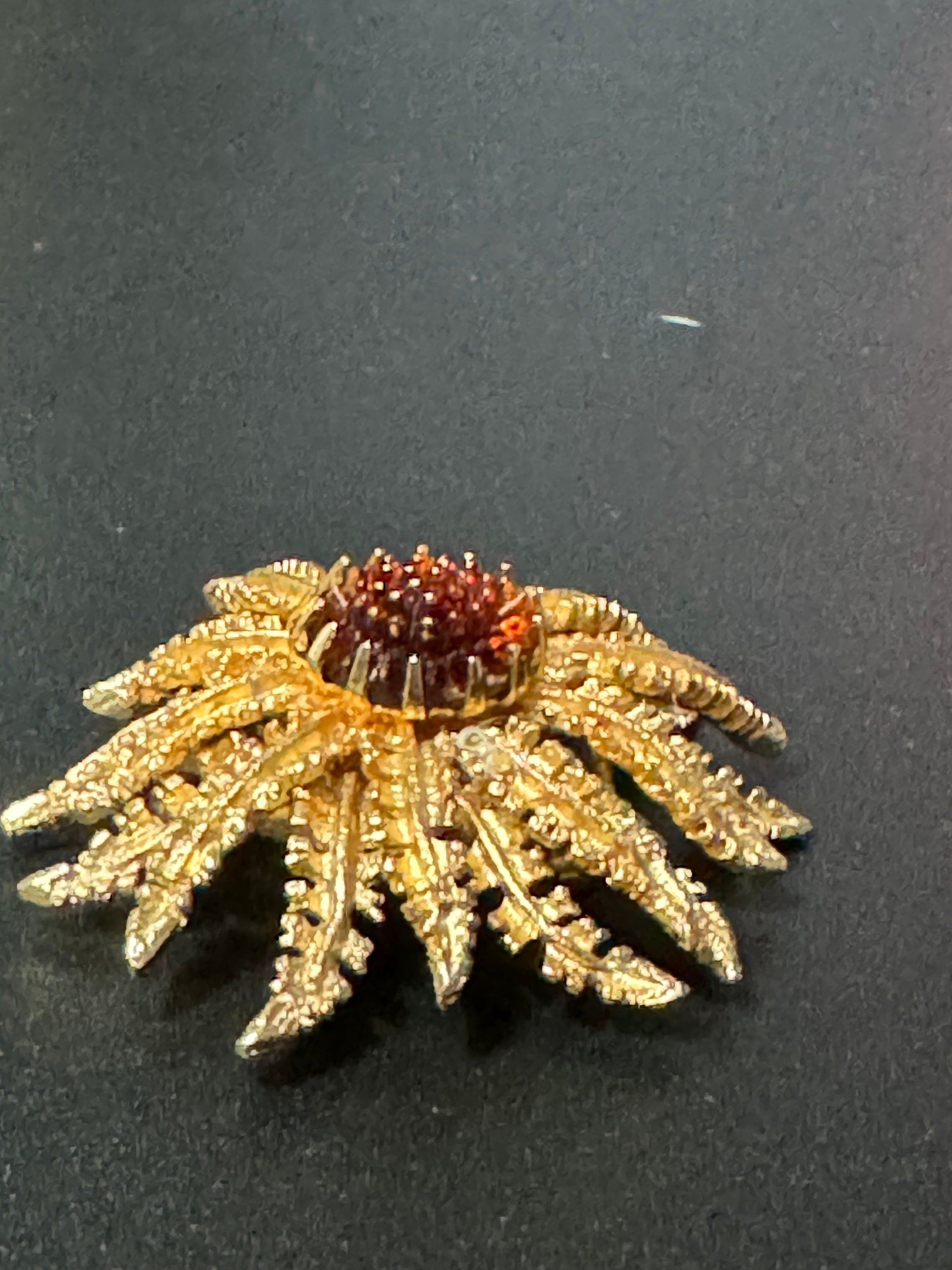 Signed Sarah Coventry Large 5cm gold tone floral brooch with topaz brown glass