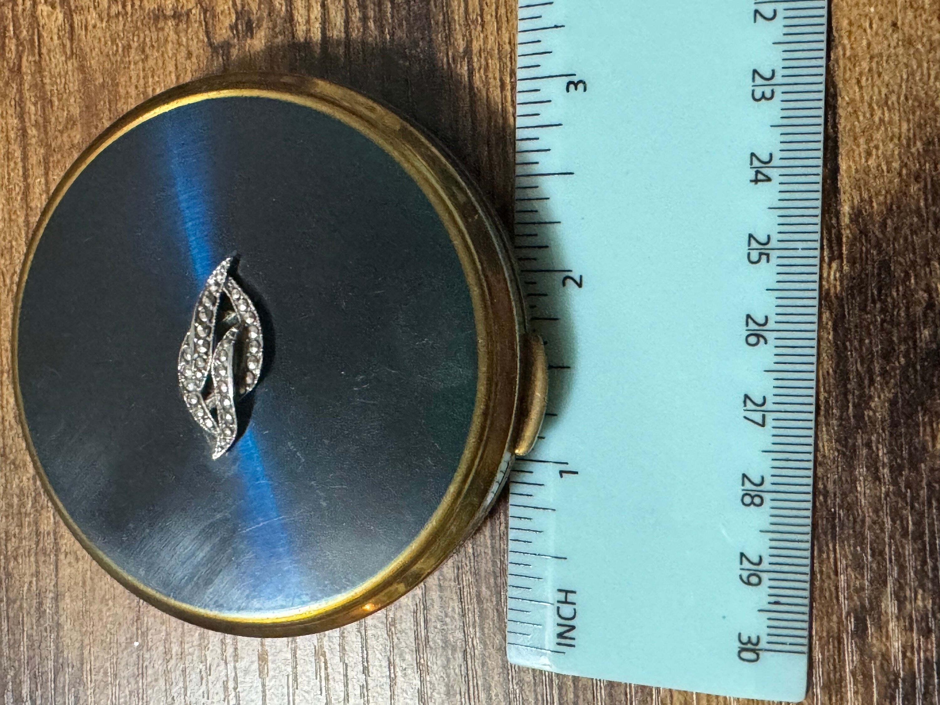 Vintage Powder Compact navy blue Enamel Marcasite Emblem make up cosmetics 1950s max factor