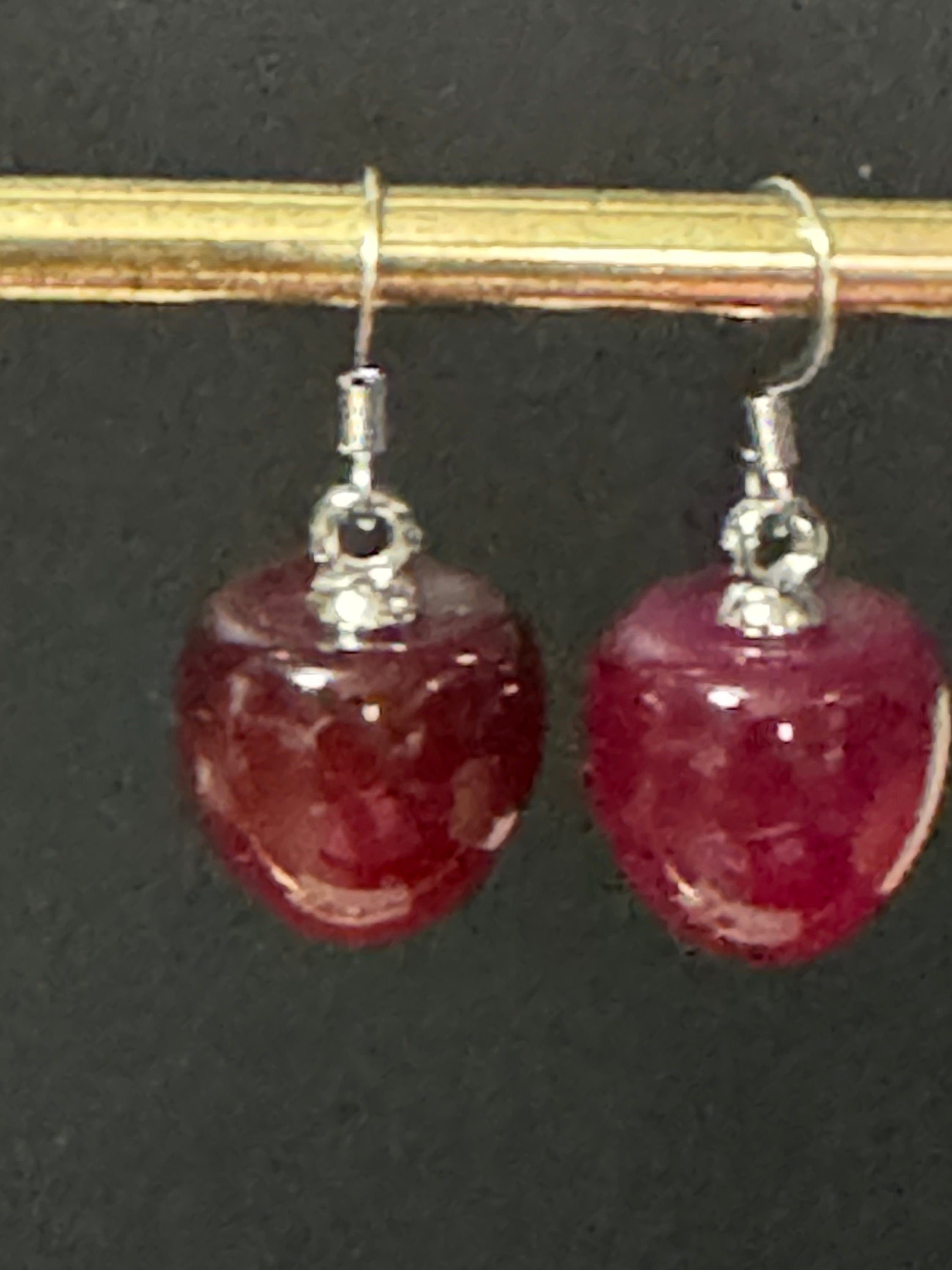 pair of silver tone dark red cherry drop earrings pierced ears