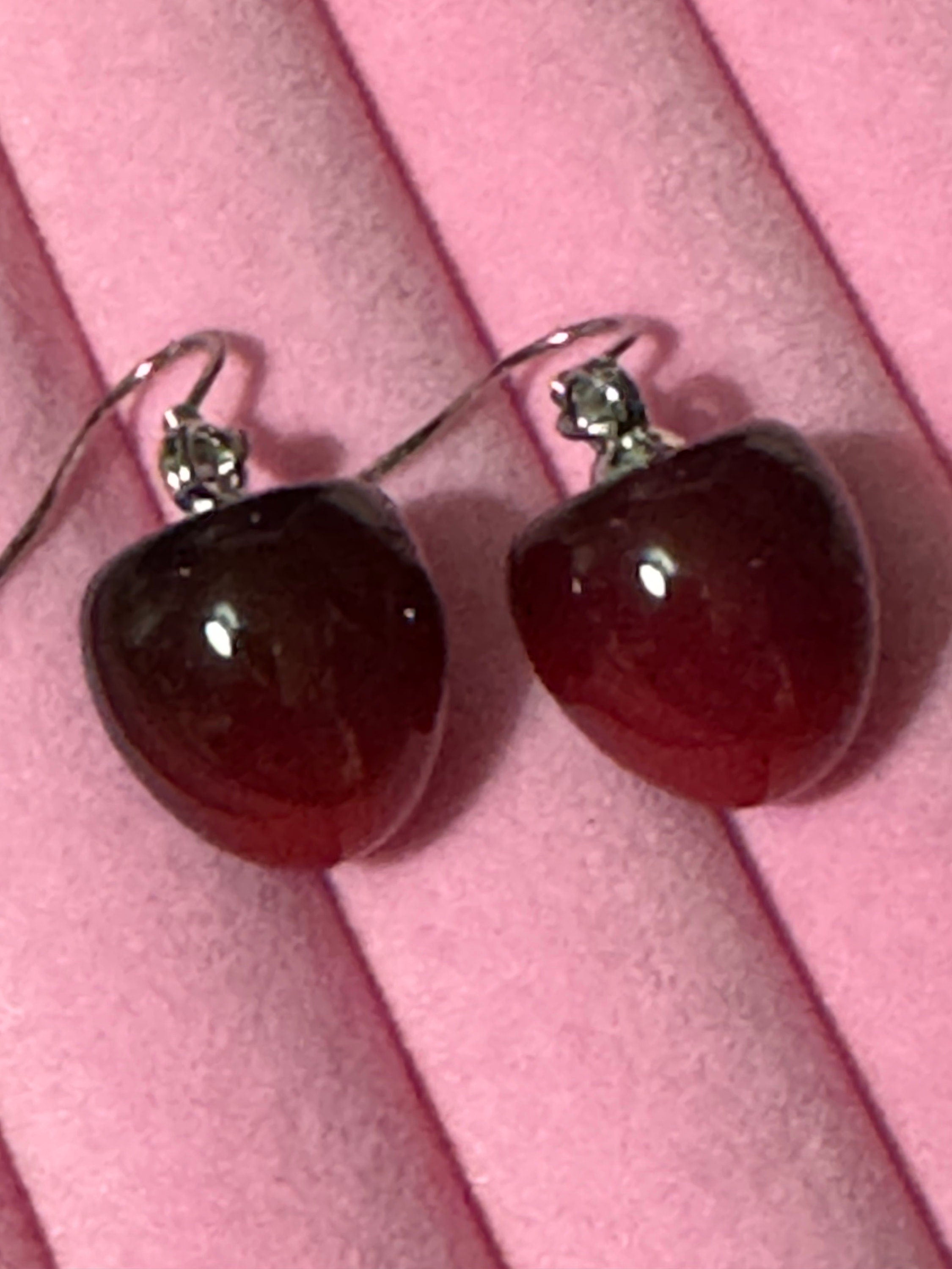 pair of silver tone dark red cherry drop earrings pierced ears