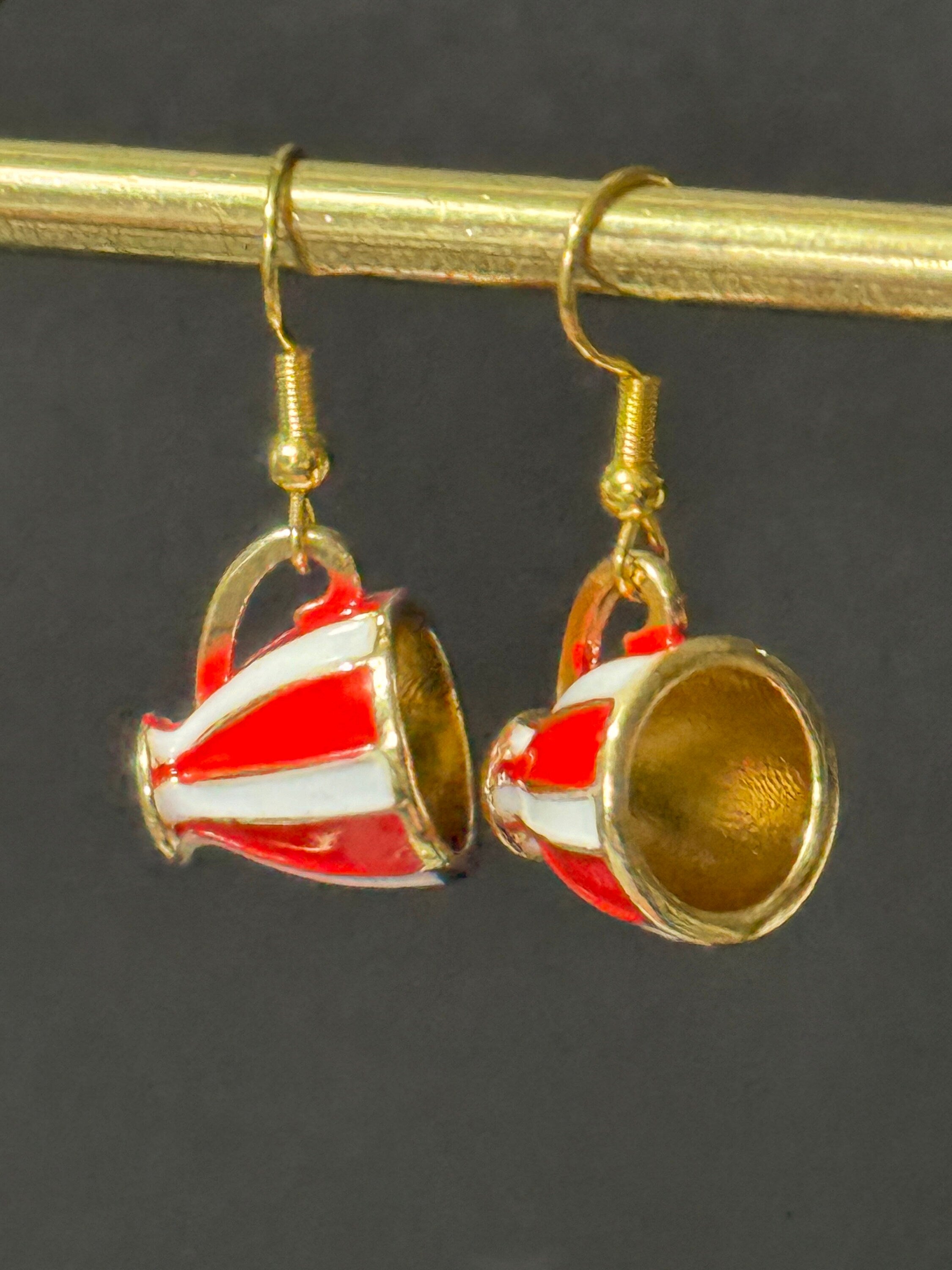 Red and white stripes gilded tea cup novelty drop earrings Vintage tea-party