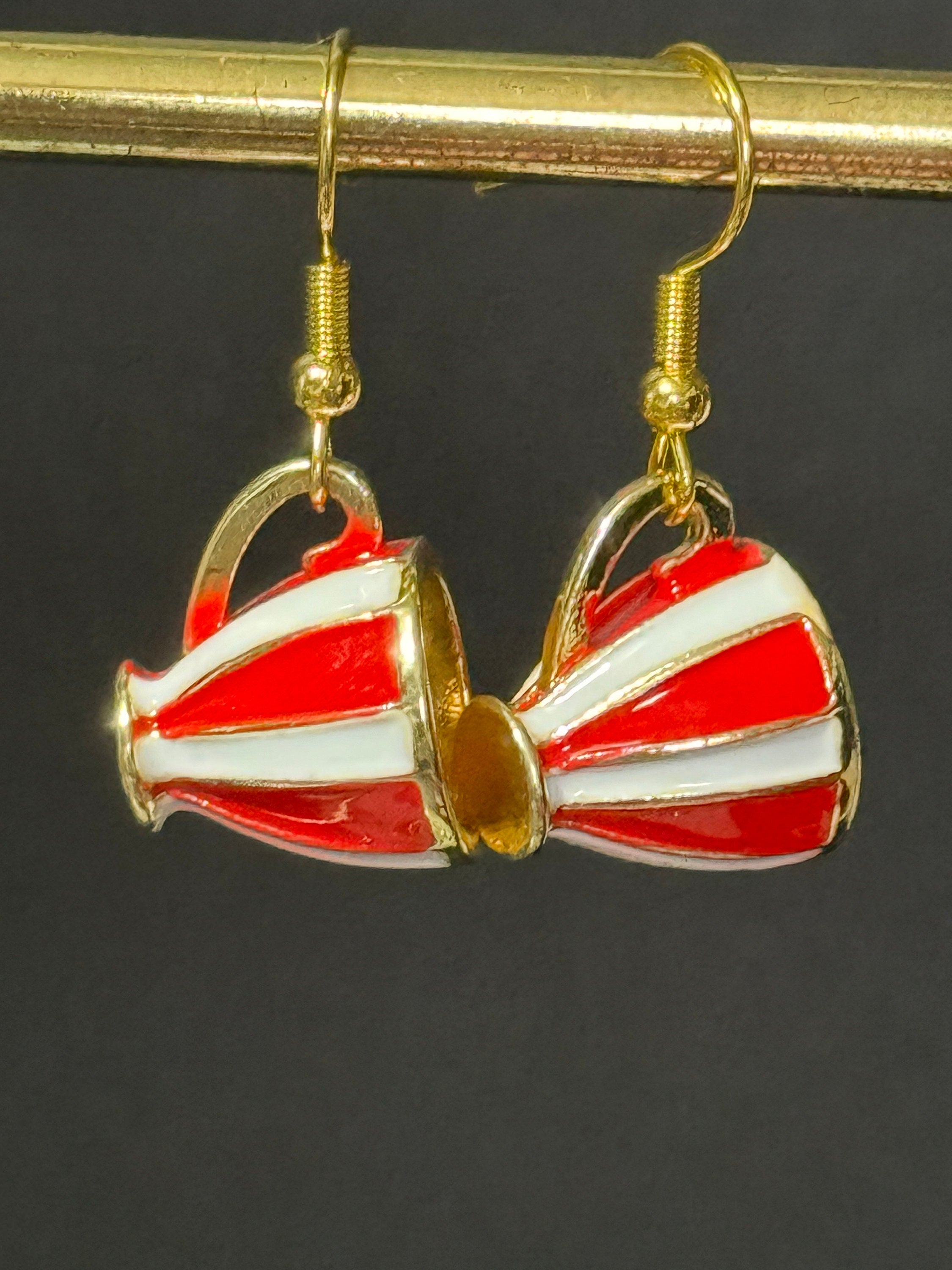Red and white stripes gilded tea cup novelty drop earrings Vintage tea-party