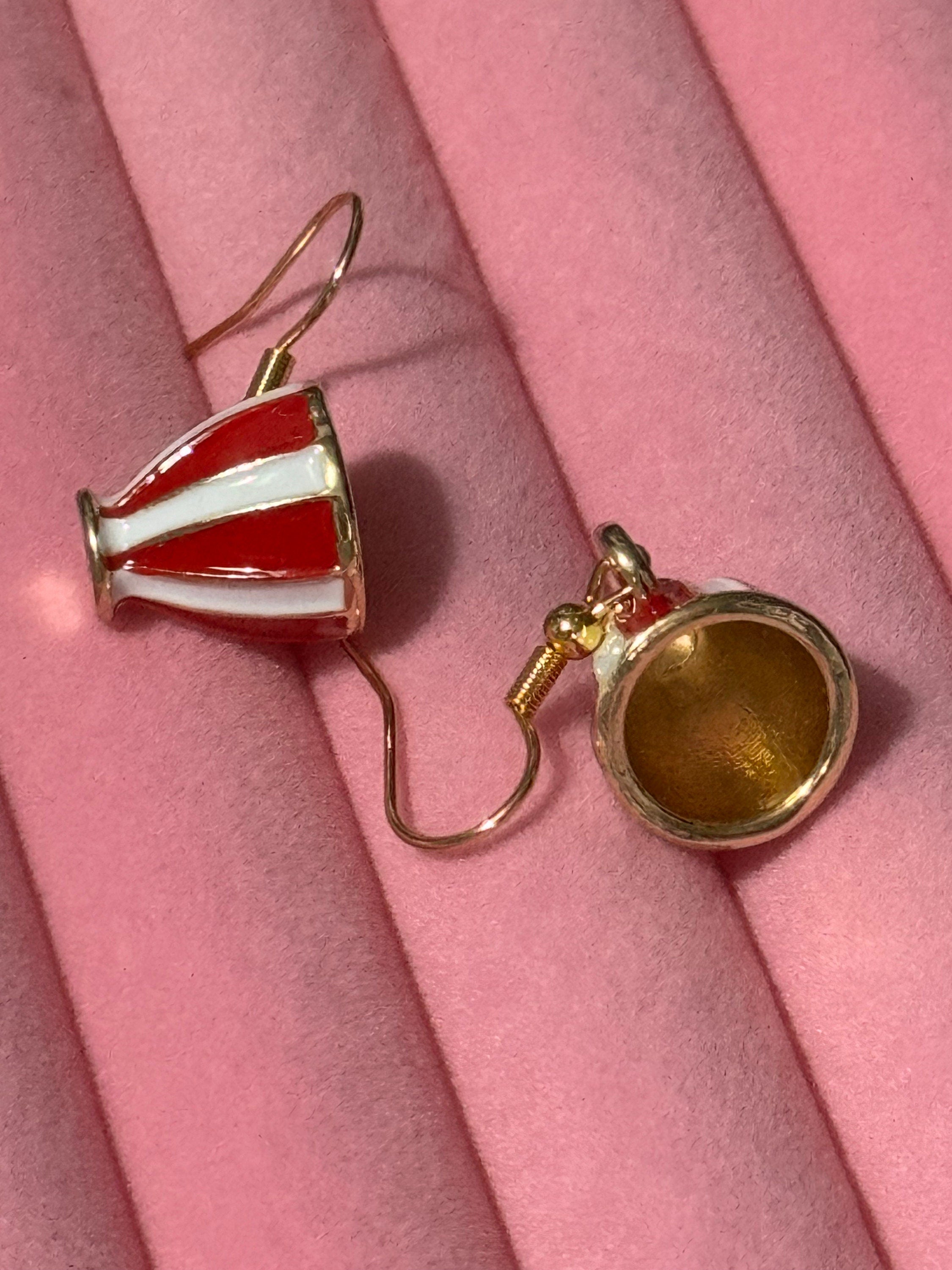 Red and white stripes gilded tea cup novelty drop earrings Vintage tea-party