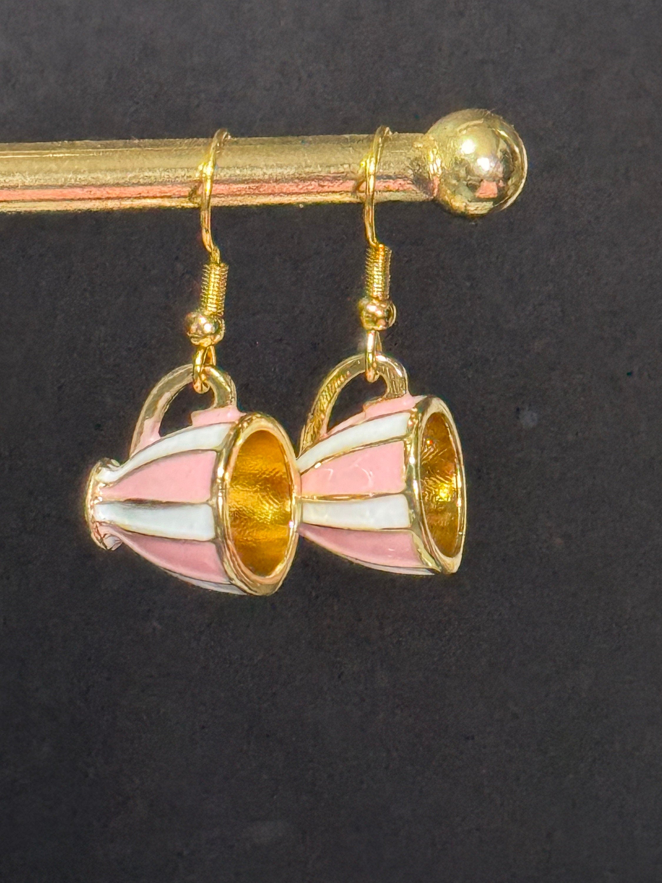 Pink and white stripes gilded tea cup novelty drop earrings Vintage tea-party