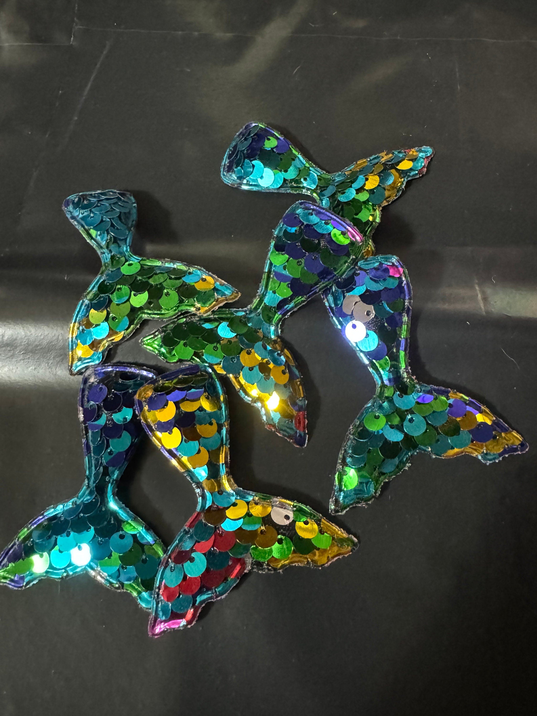 1 x rainbow sequin Sew On Mermaid tail Patch 6cm x 5cm sewing craft appliqué Nautical sea blue green tones
