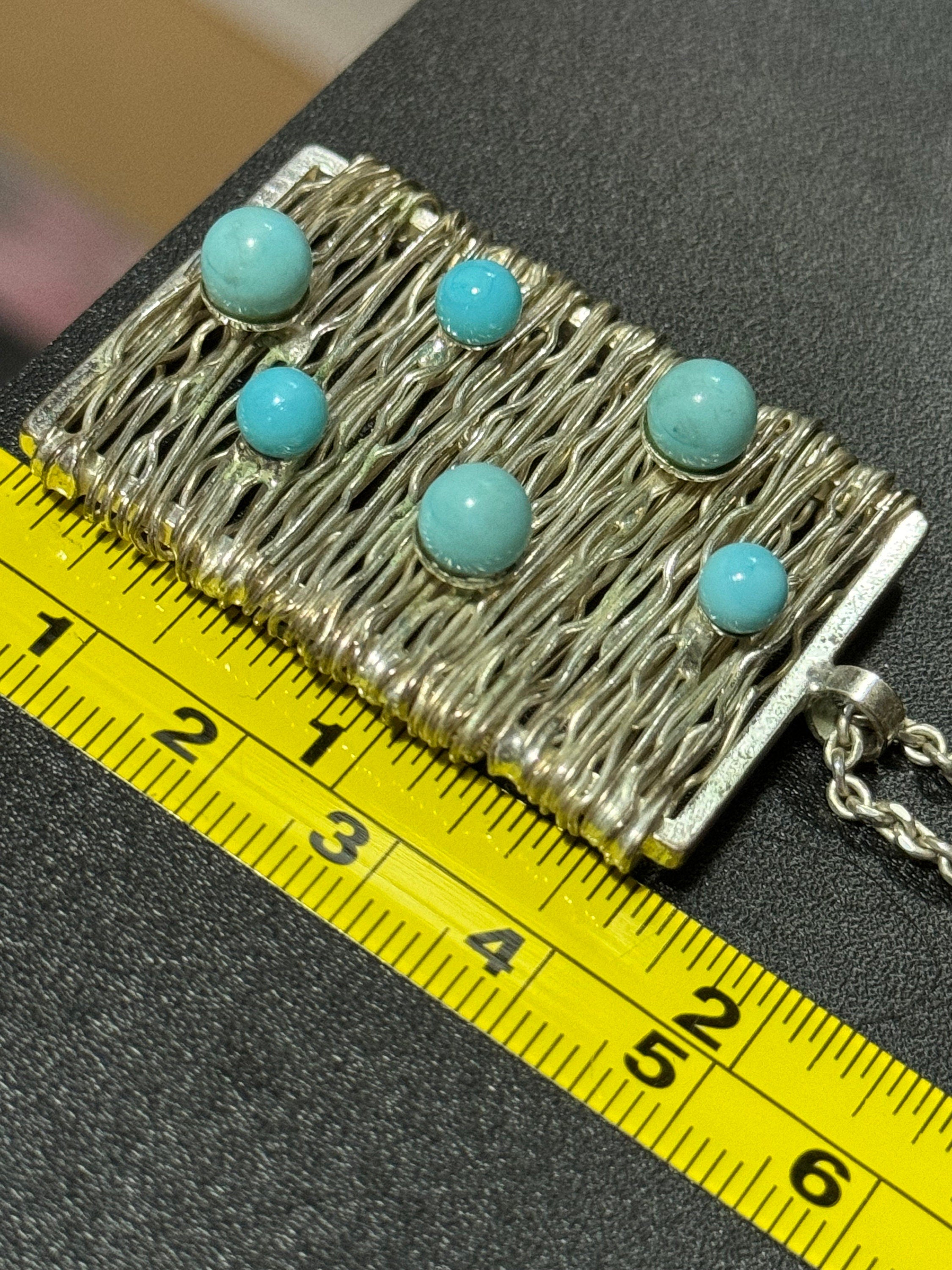Vintage 1970s 925 Sterling Silver brutalist wirework pendant on chain necklace with turquoise blue gemstones