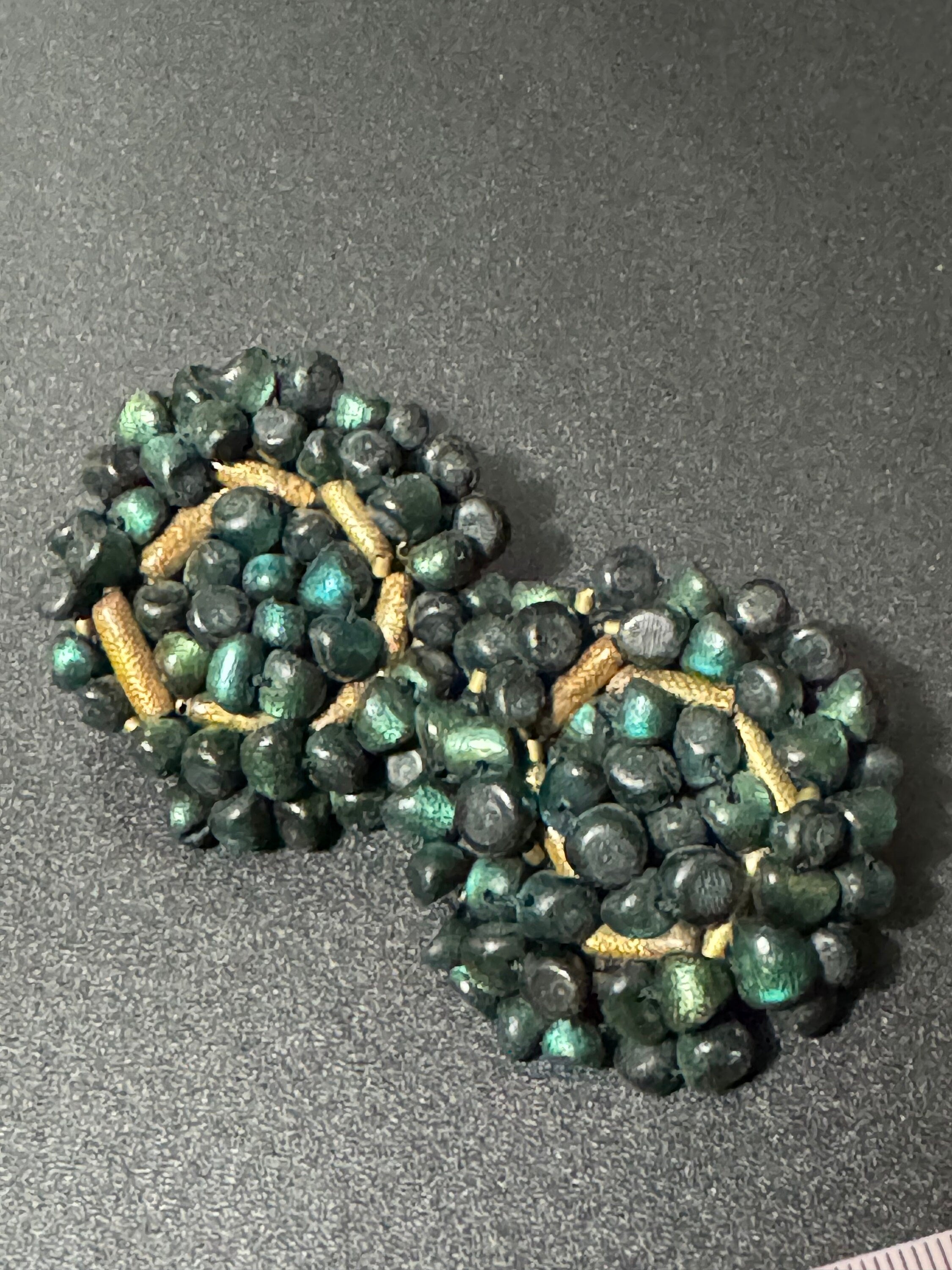 Oversized 4cm black sea green plastic pebble beaded round disc Clip On Earrings Vintage