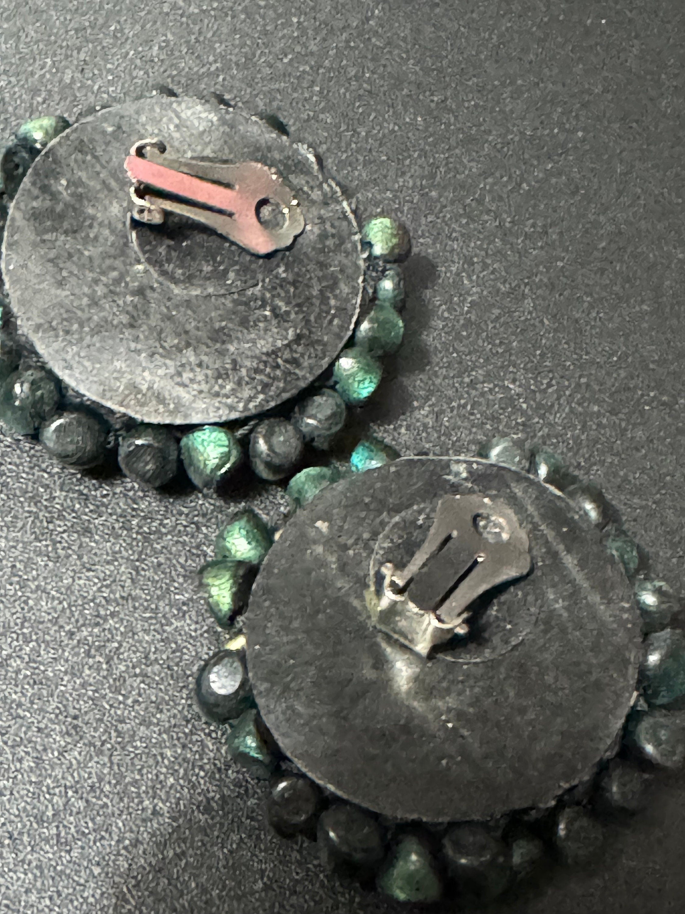 Oversized 4cm black sea green plastic pebble beaded round disc Clip On Earrings Vintage