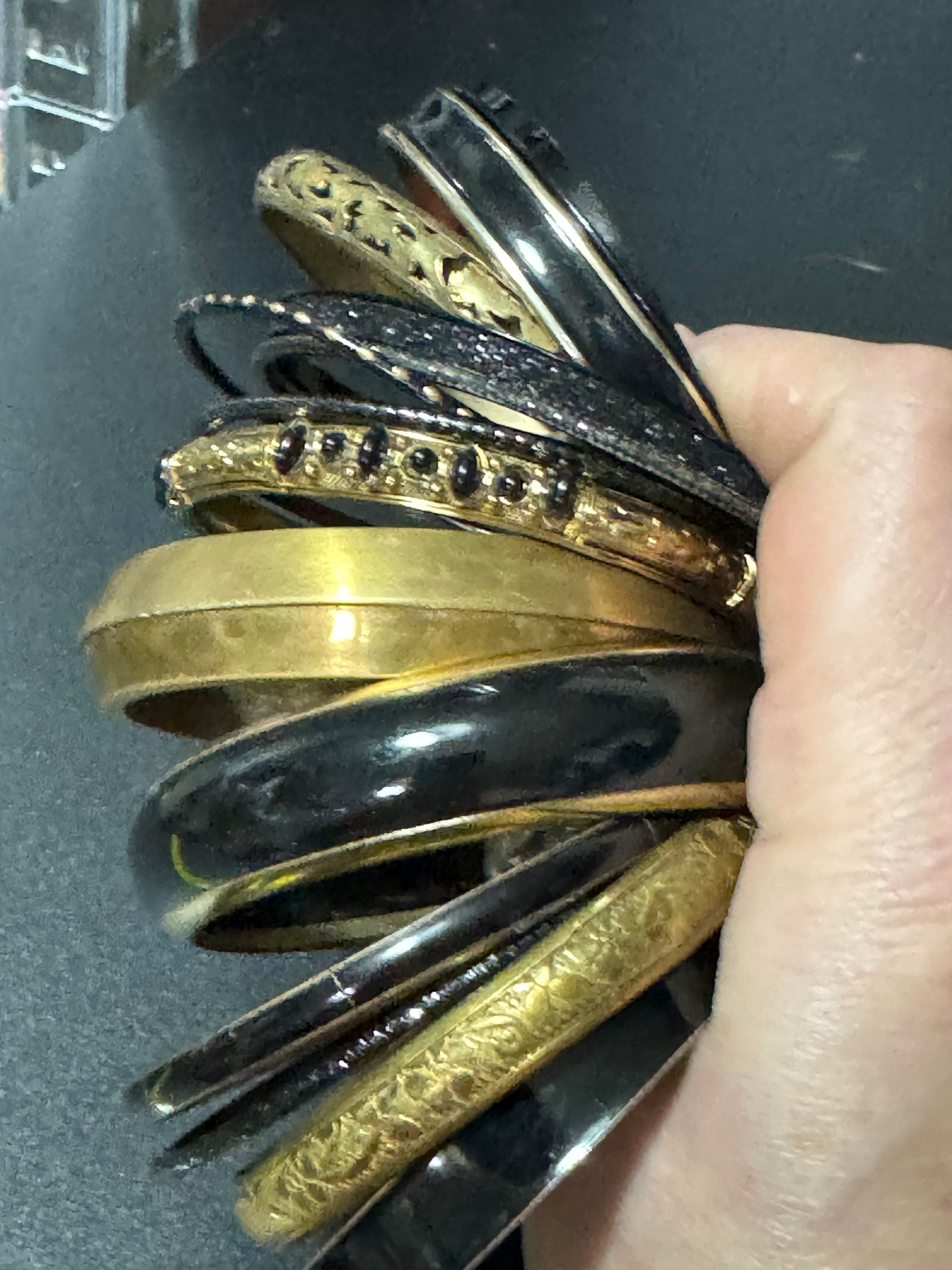 Armful of vintage black and gold tones slim and wide tacking boho bangles