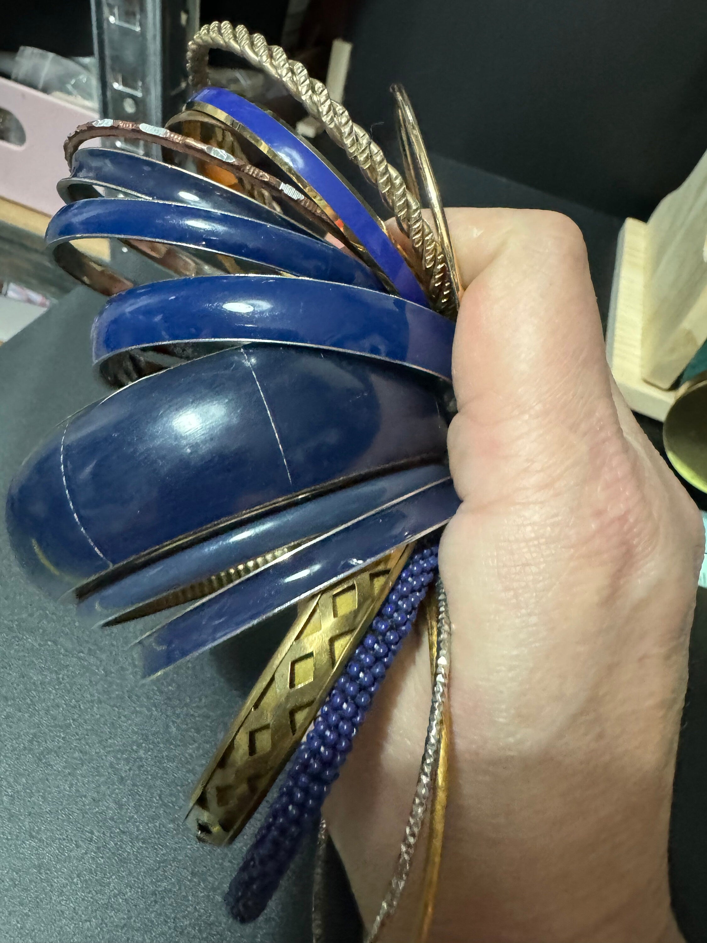 Armful of vintage Navy blue and gold tones slim and wide tacking boho bangles