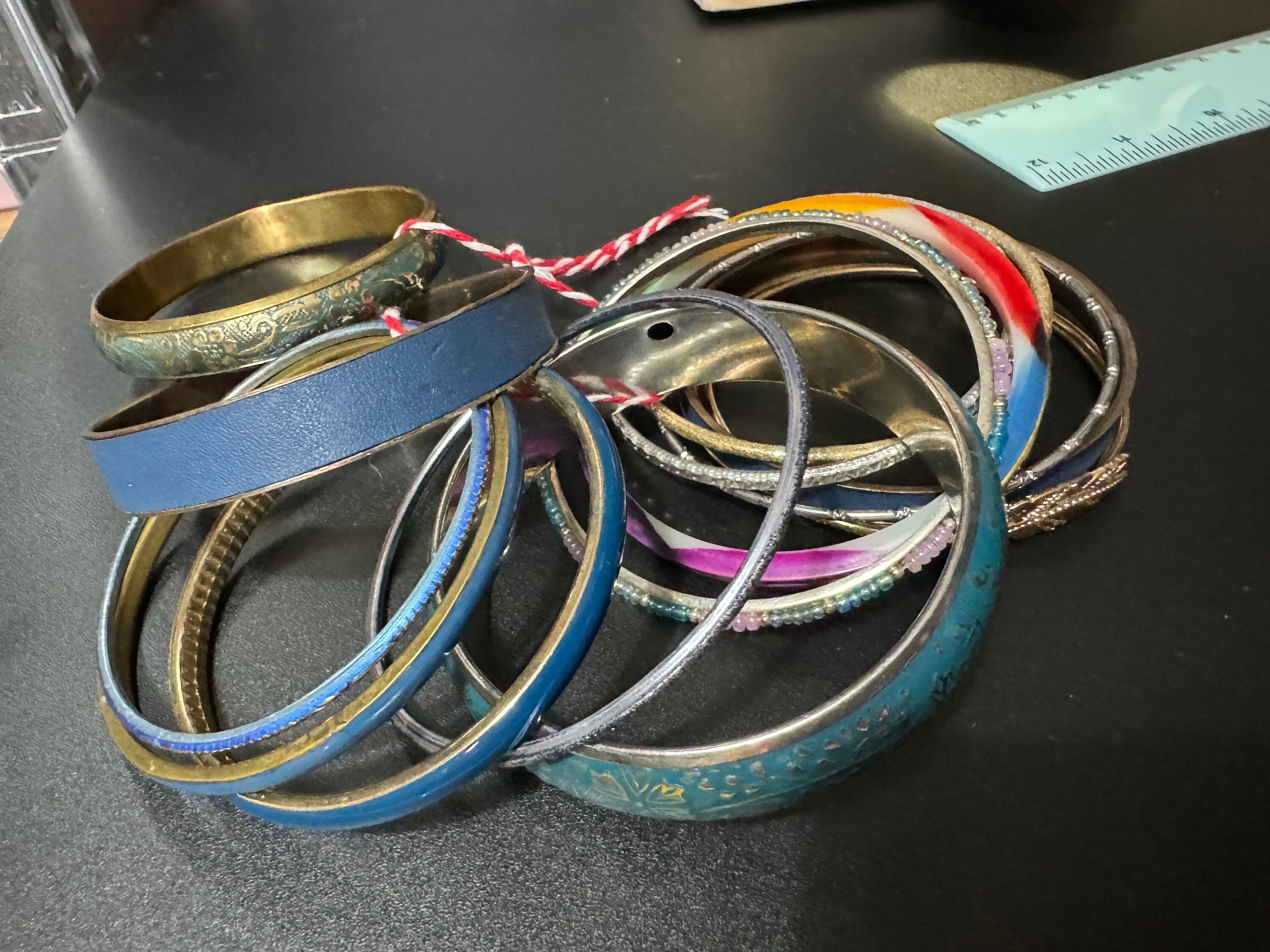 Armful of vintage blue and gold tones slim and wide tacking boho bangles
