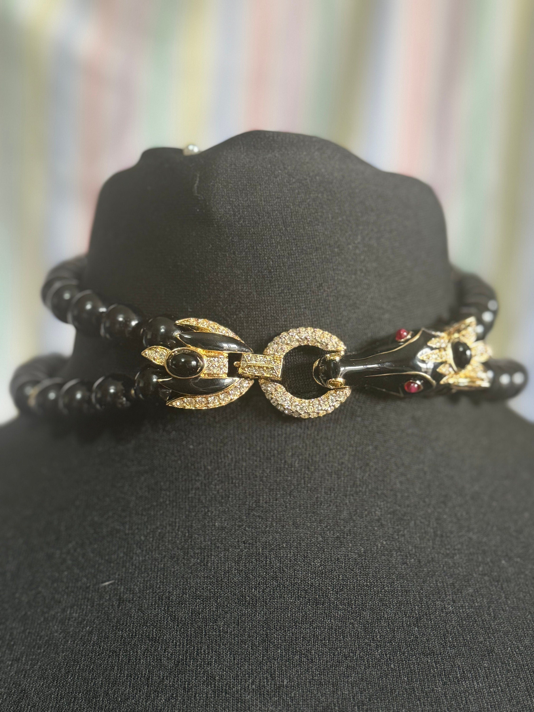 High end horse head black beaded rhinestone and cabochon choker