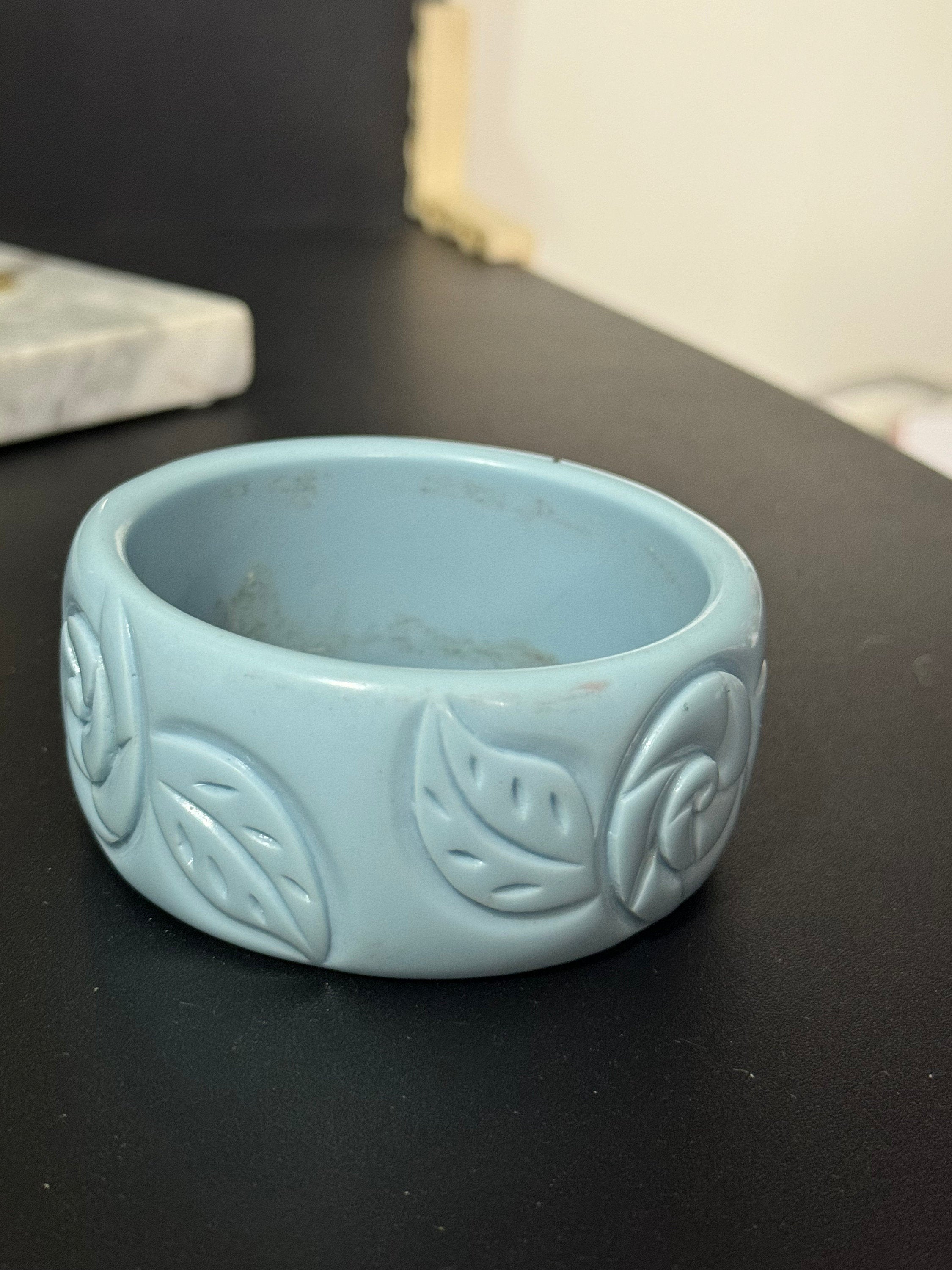 Light blue floral vintage chunky oversized abstract wide acrylic plastic bangle bracelet