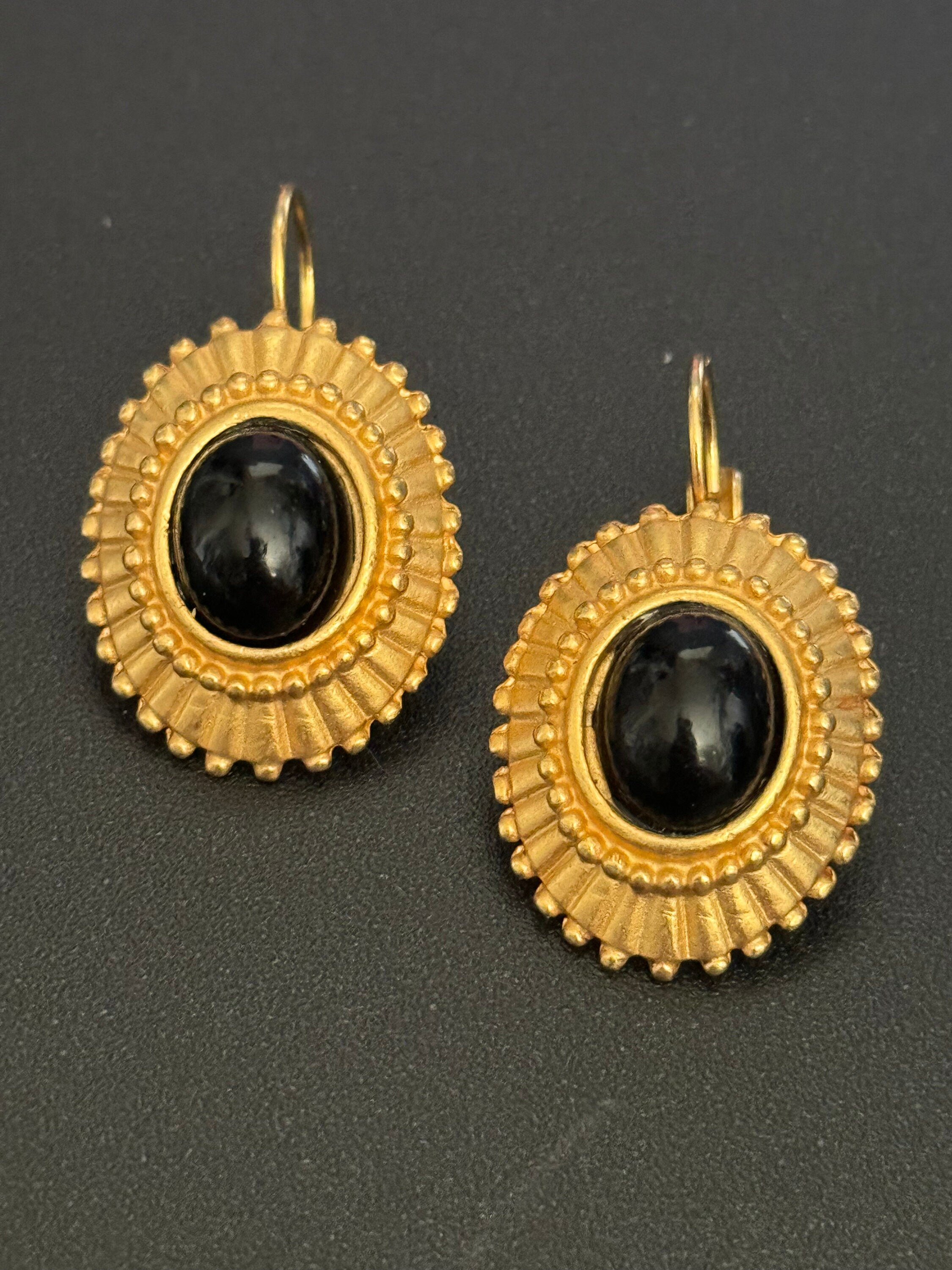 Signed made in USA gold ornate black cabochon oval lever back drop earrings for pierced ears