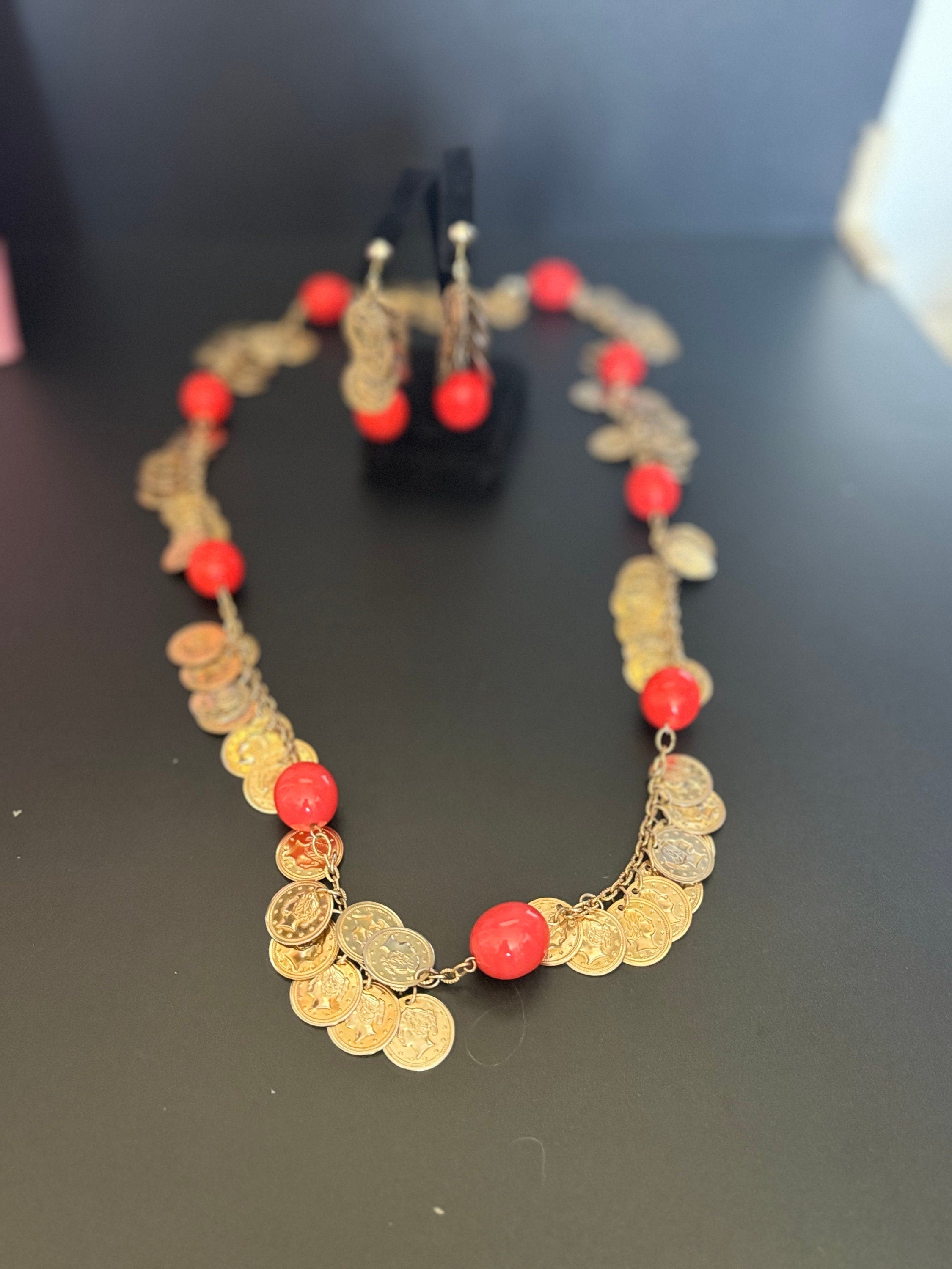 Vintage Castlecliff Orange Beaded Coin Necklace & Earrings Set
