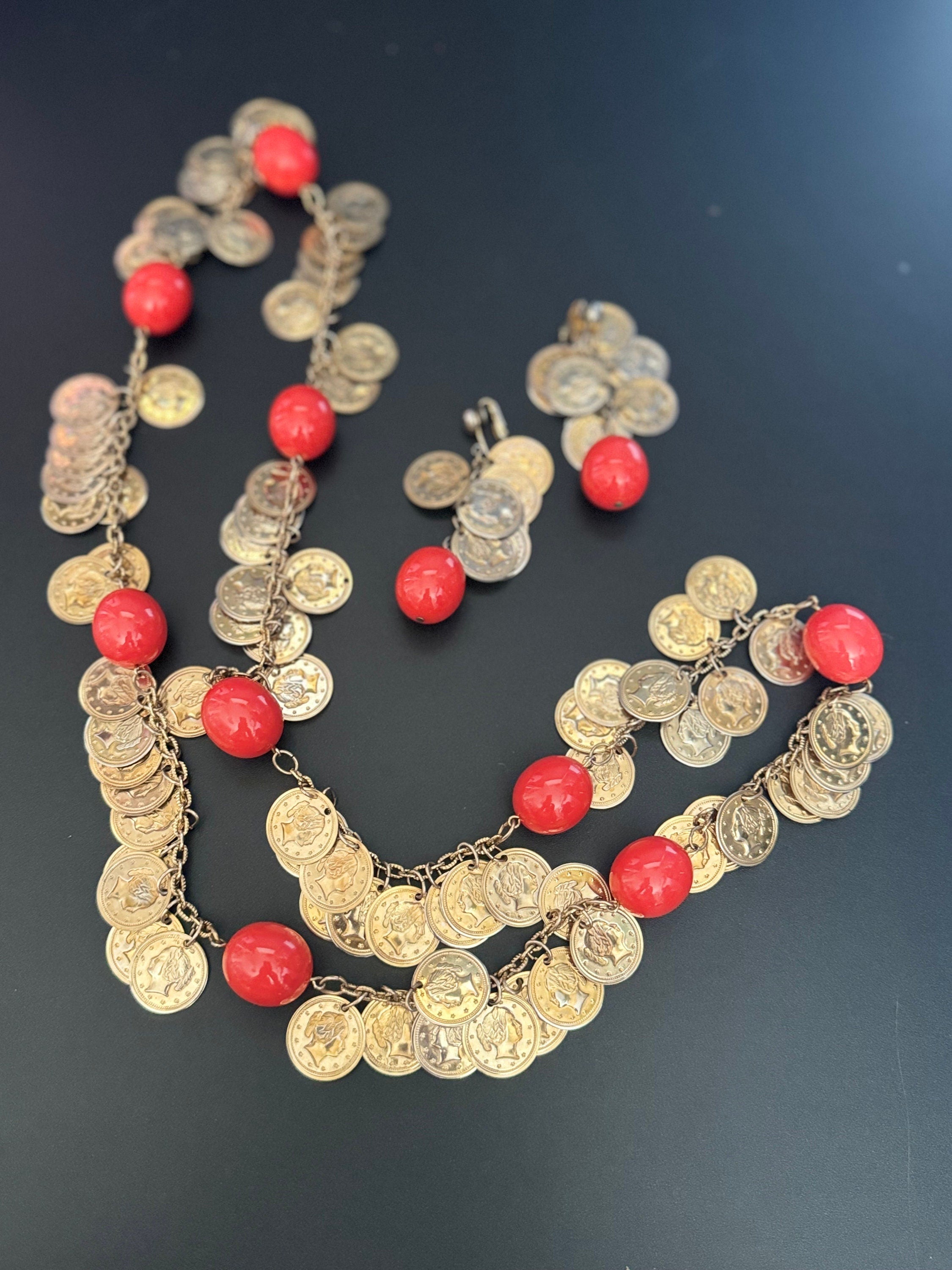 Vintage Castlecliff Orange Beaded Coin Necklace & Earrings Set