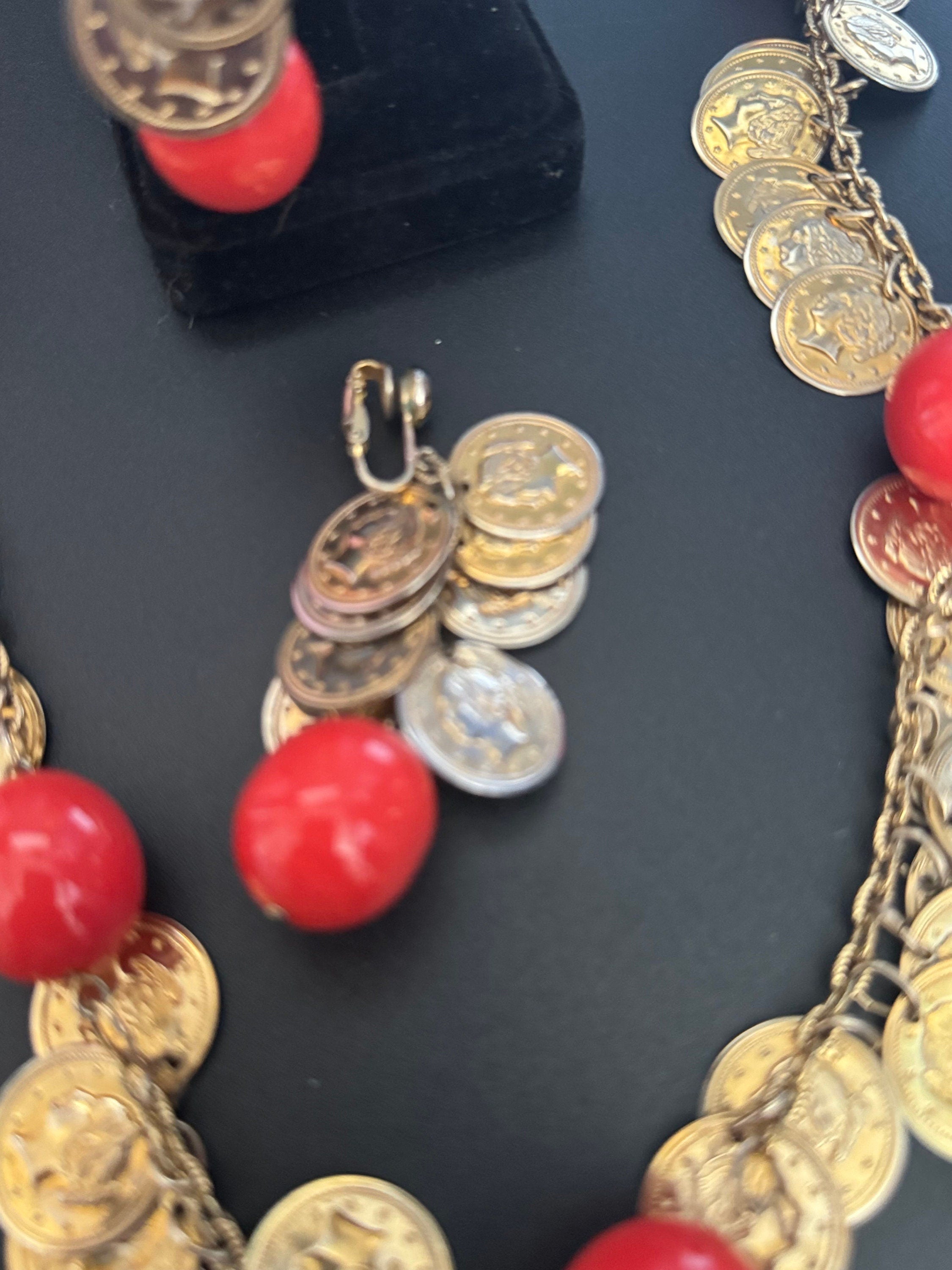 Vintage Castlecliff Orange Beaded Coin Necklace & Earrings Set