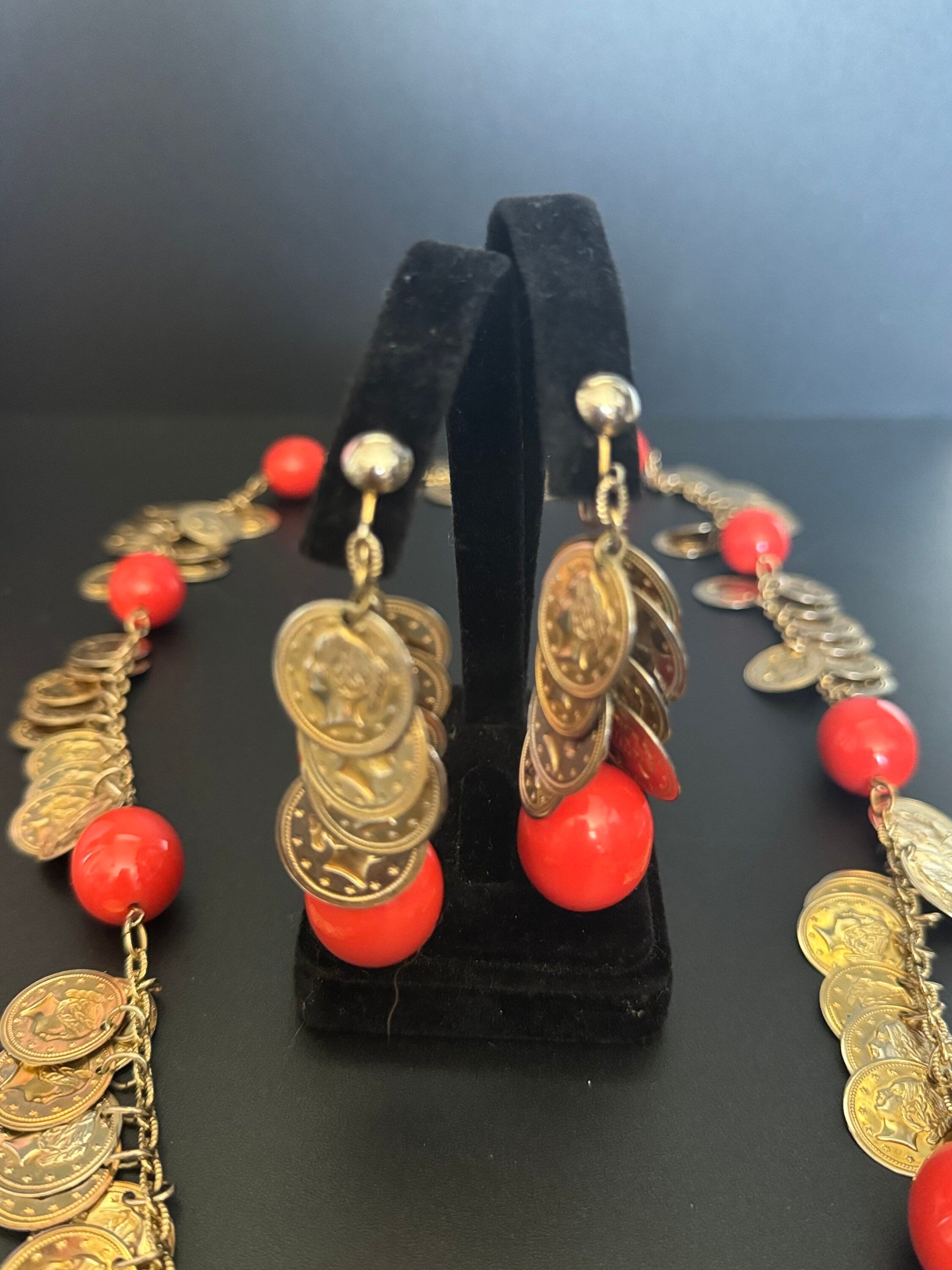 Vintage Castlecliff Orange Beaded Coin Necklace & Earrings Set
