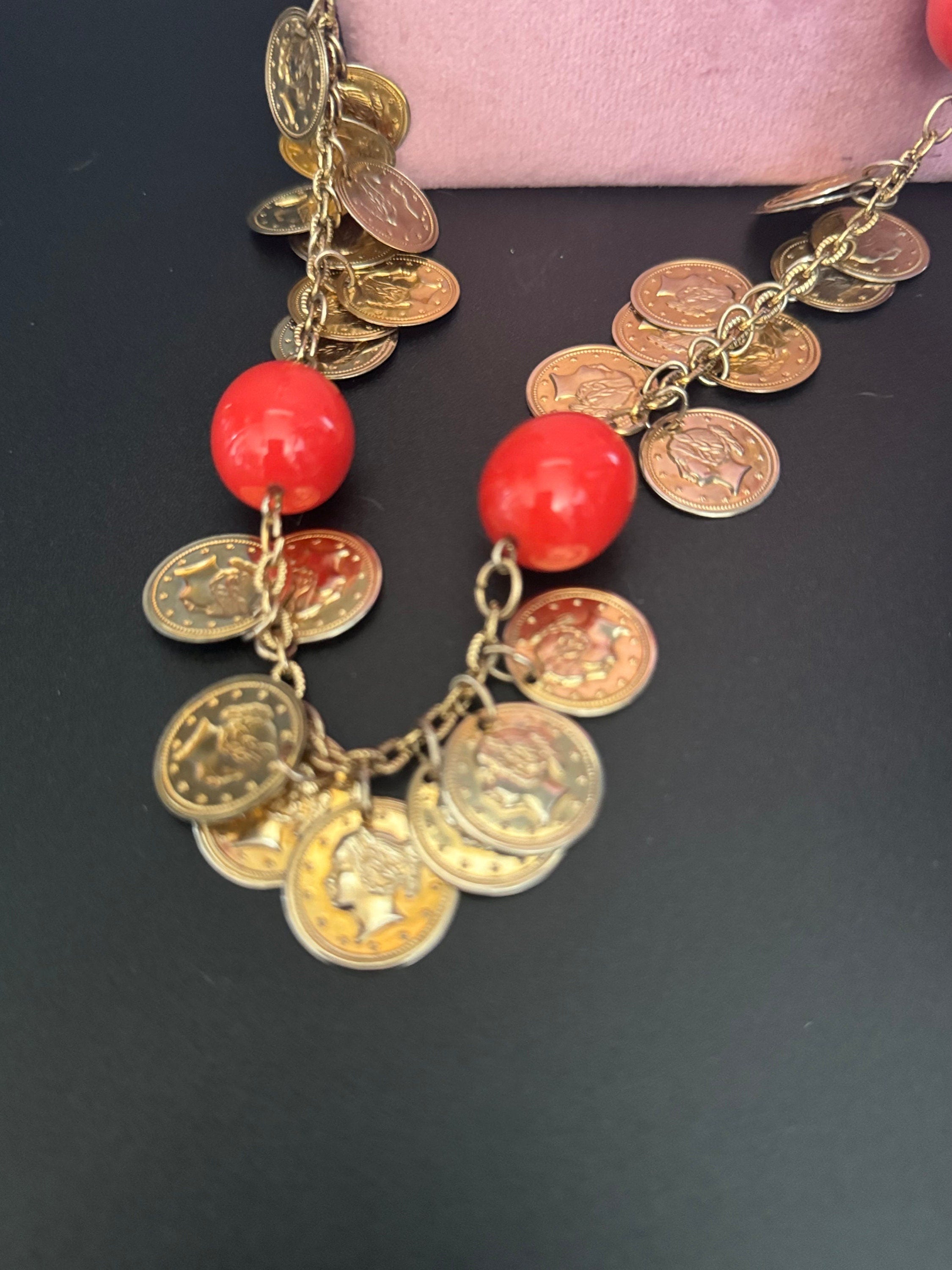Vintage Castlecliff Orange Beaded Coin Necklace & Earrings Set