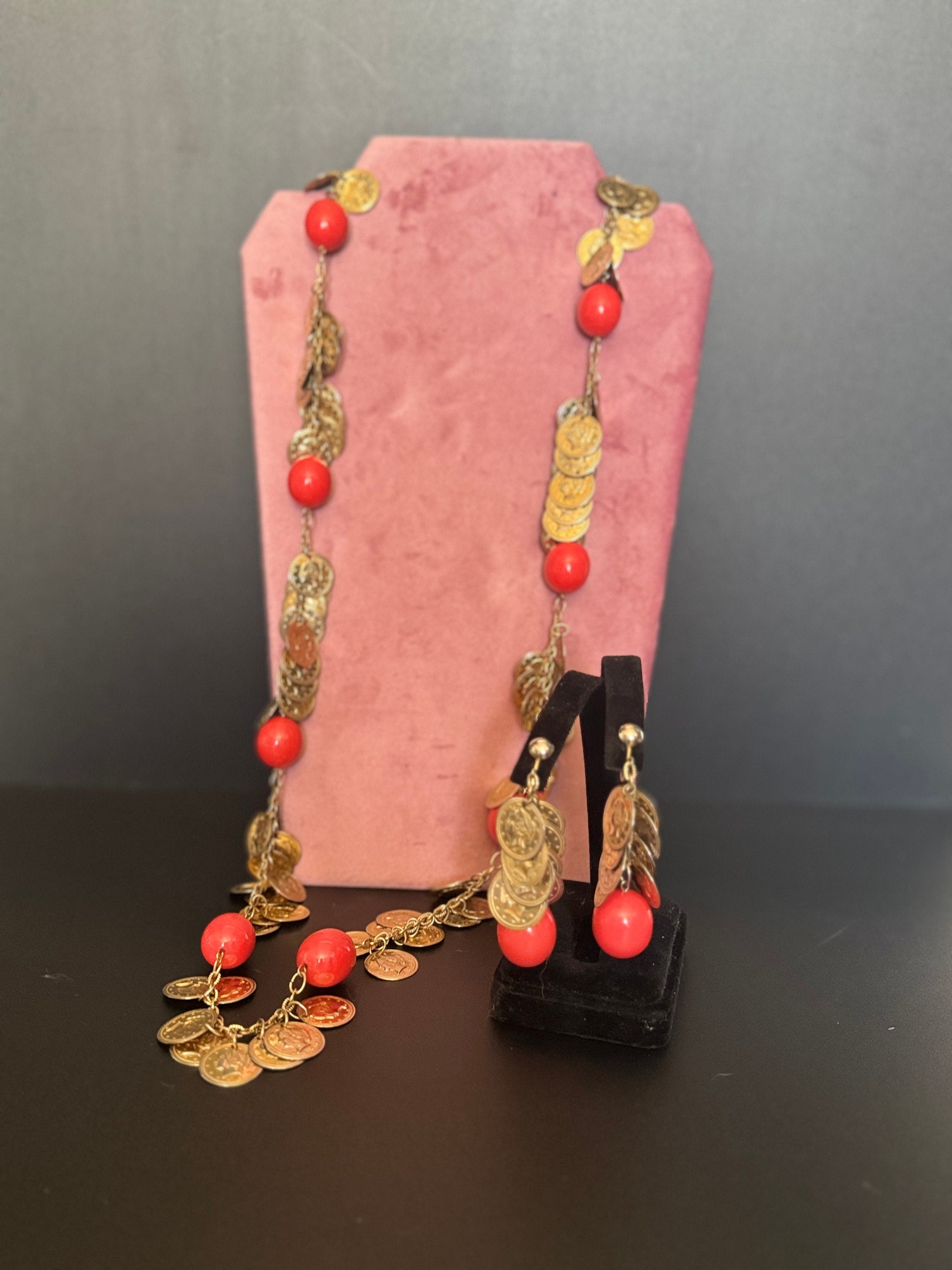 Vintage Castlecliff Orange Beaded Coin Necklace & Earrings Set