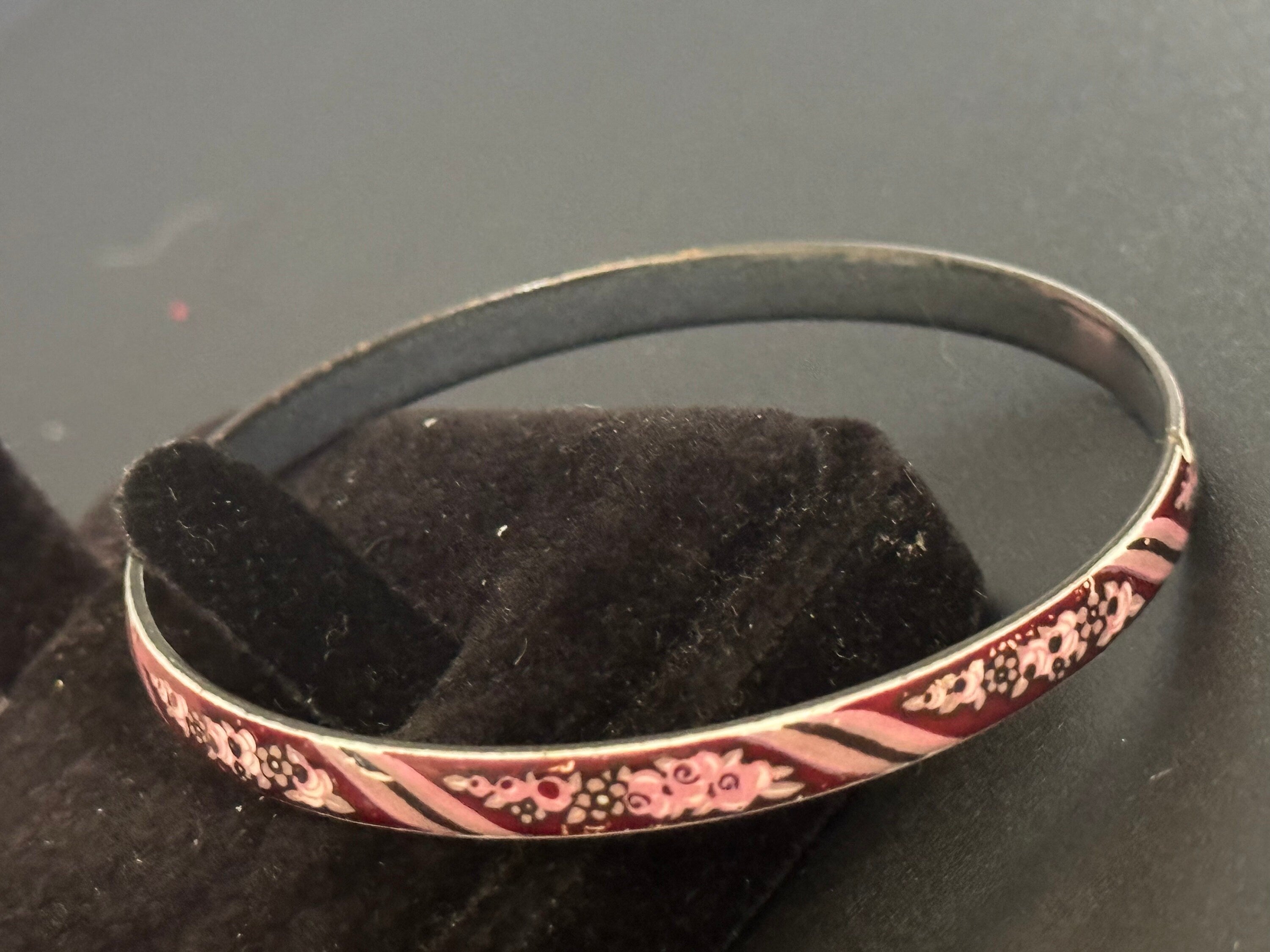 Austrian Vintage Michaela Frey Pink and dark red enamel antique style floral bangle from Austria