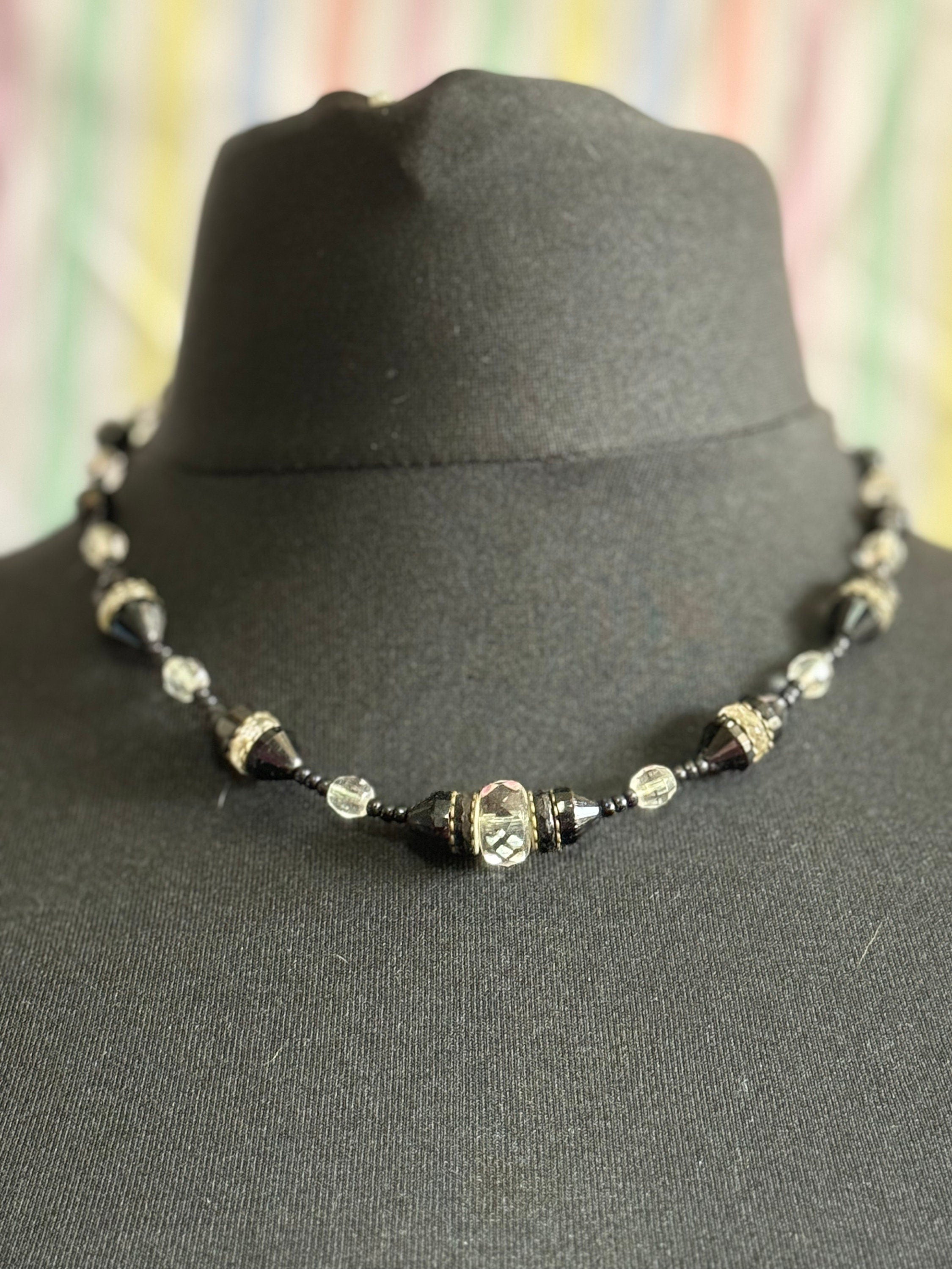 Antique art deco geometric heavy cut glass black clear beaded necklace monochrome 49cm