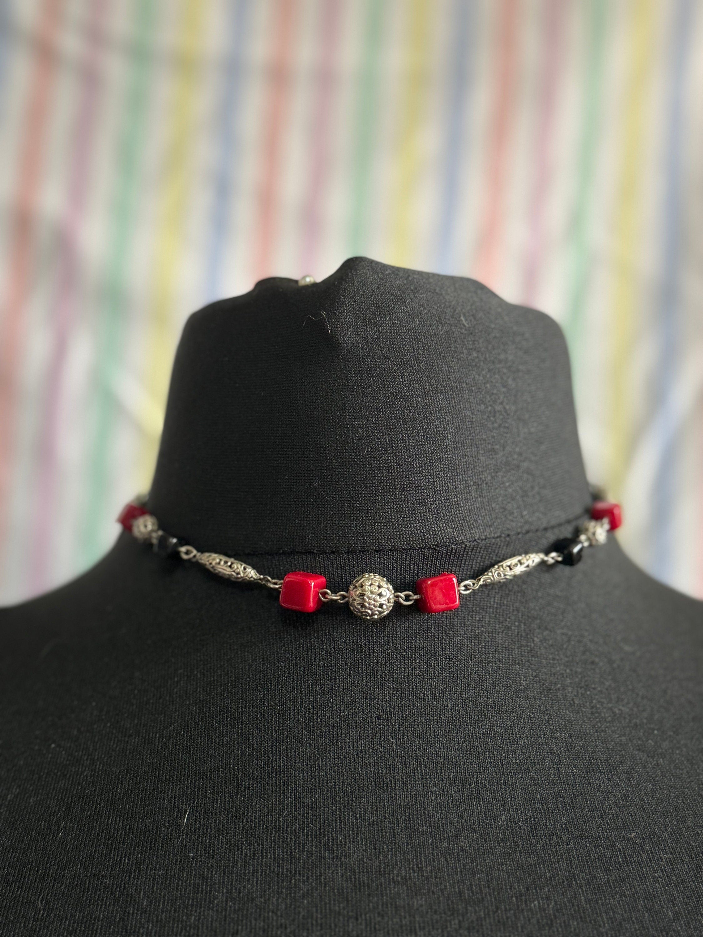 Czech silver filigree red glass square beaded necklace 1920s art deco