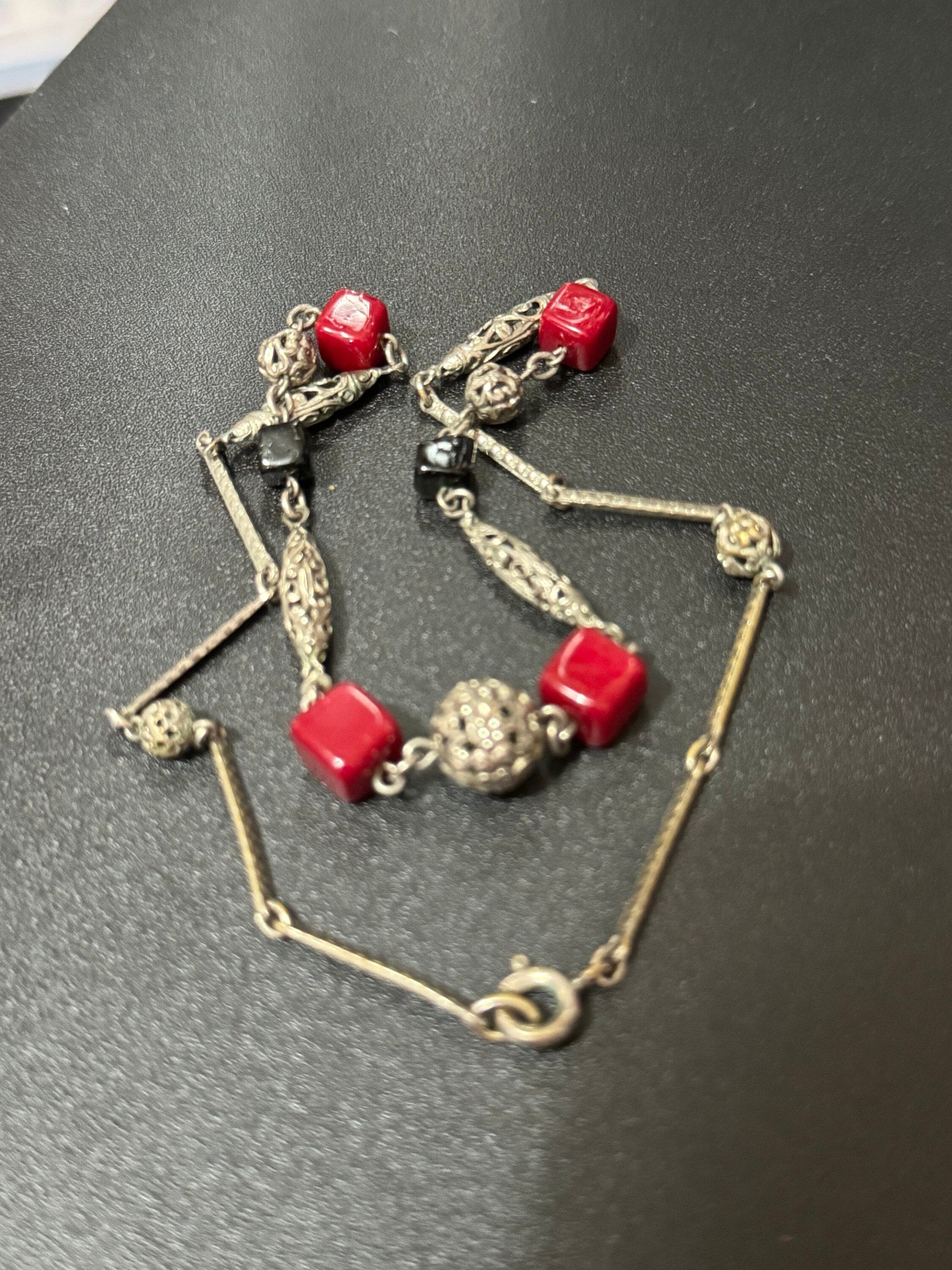 Czech silver filigree red glass square beaded necklace 1920s art deco