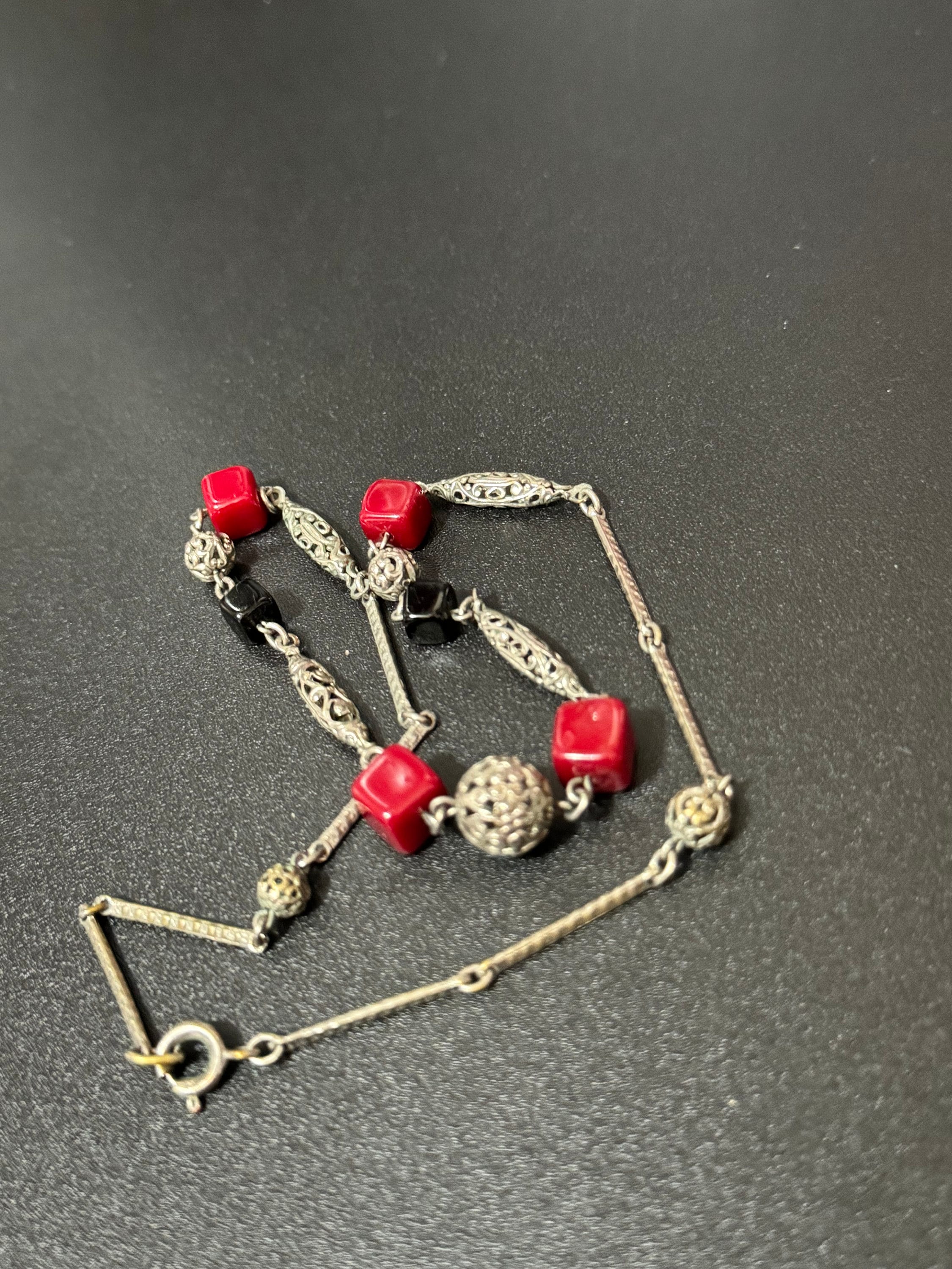 Czech silver filigree red glass square beaded necklace 1920s art deco