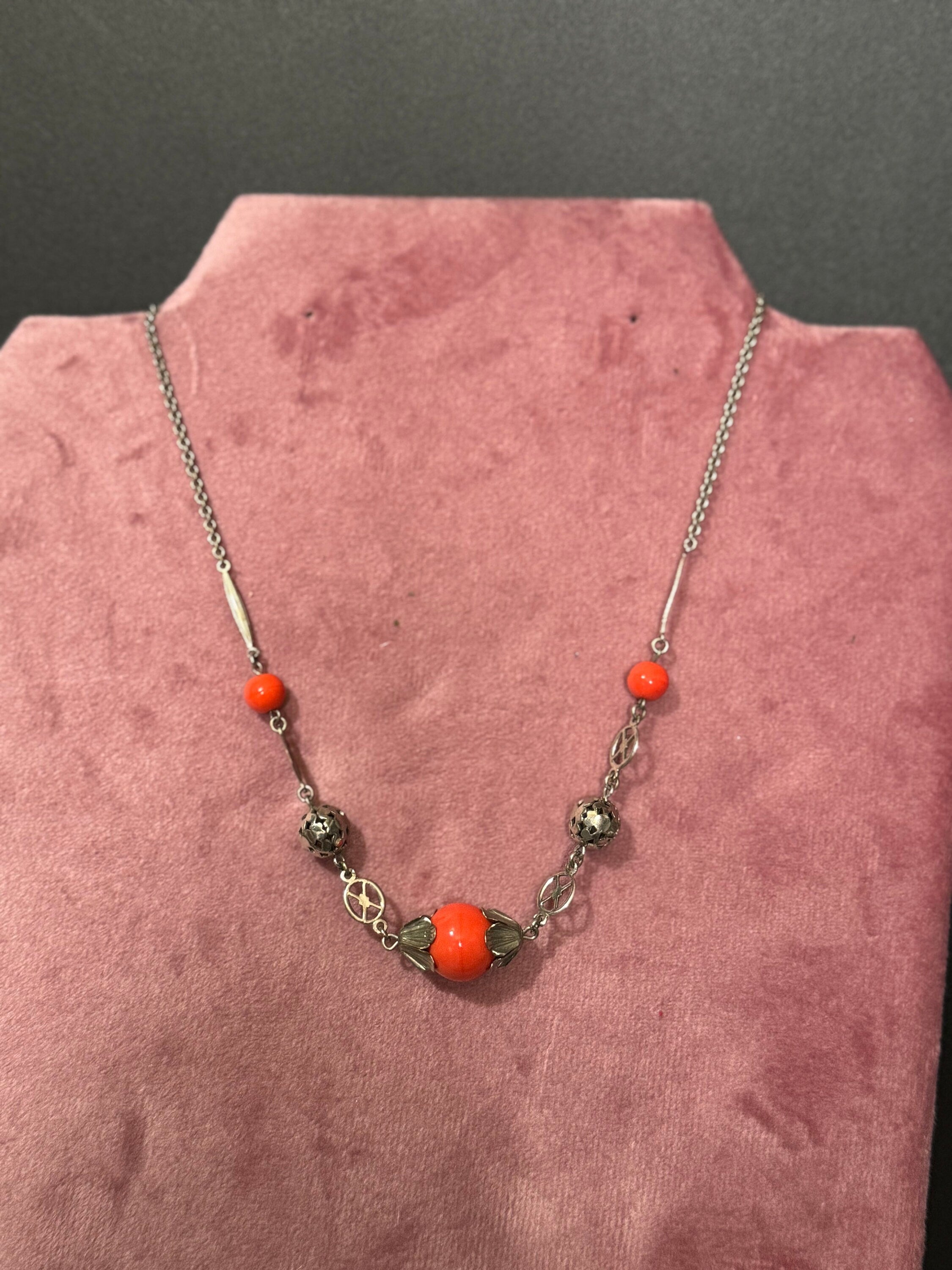 Czech silver filigree bright orange ceramic beaded necklace 1920s art deco