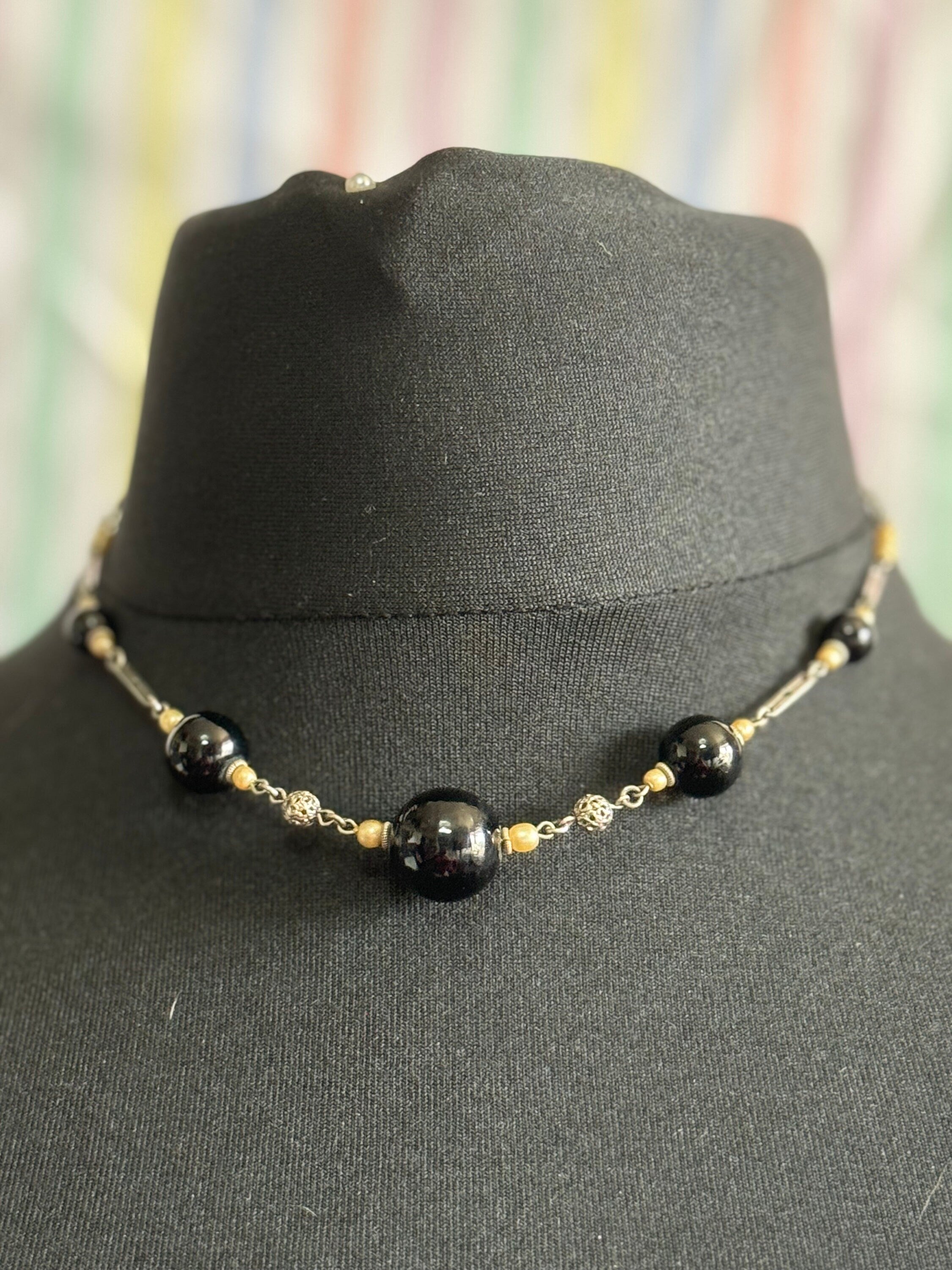 Czech silver filigree and chrome Black glass beaded necklace 1920s art deco