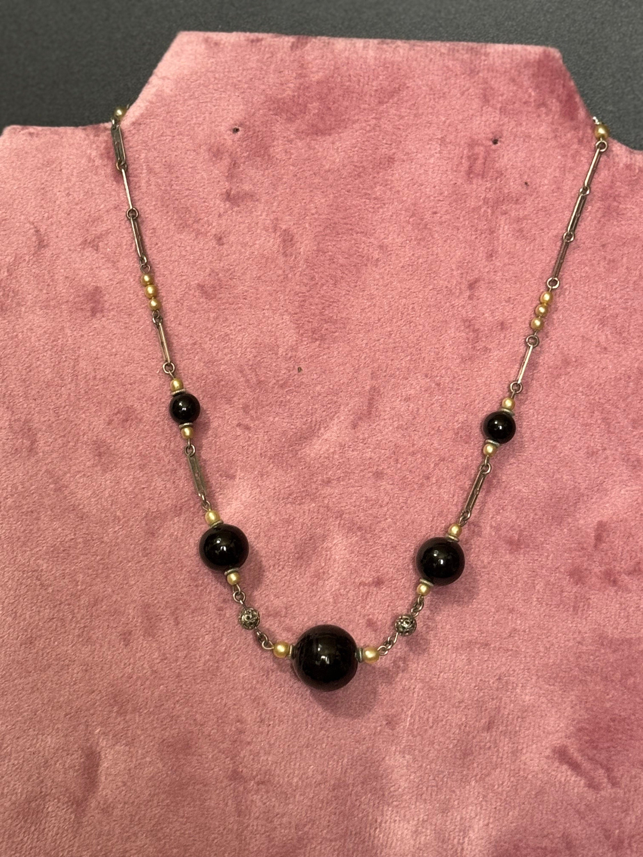 Czech silver filigree and chrome Black glass beaded necklace 1920s art deco