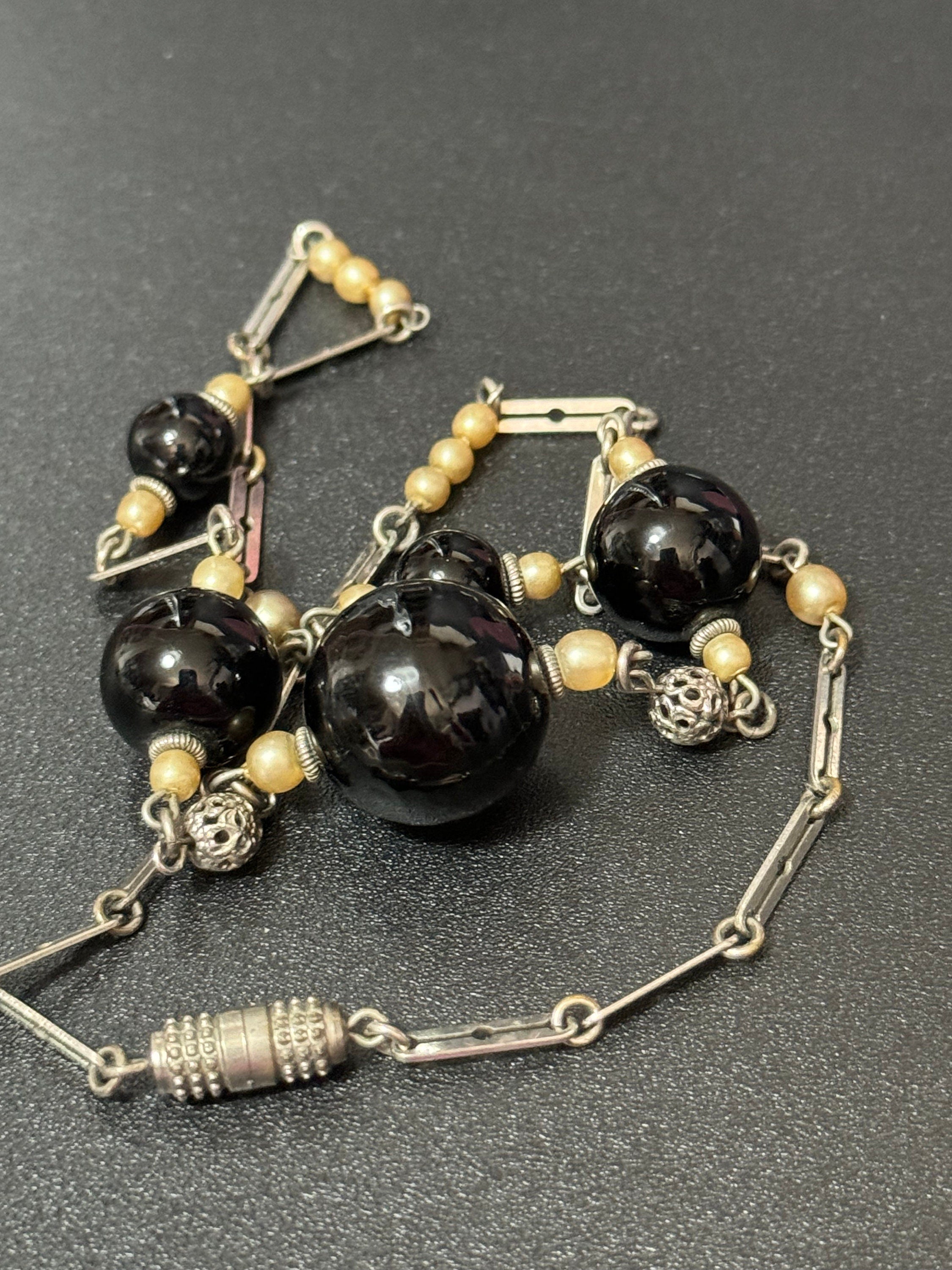 Czech silver filigree and chrome Black glass beaded necklace 1920s art deco