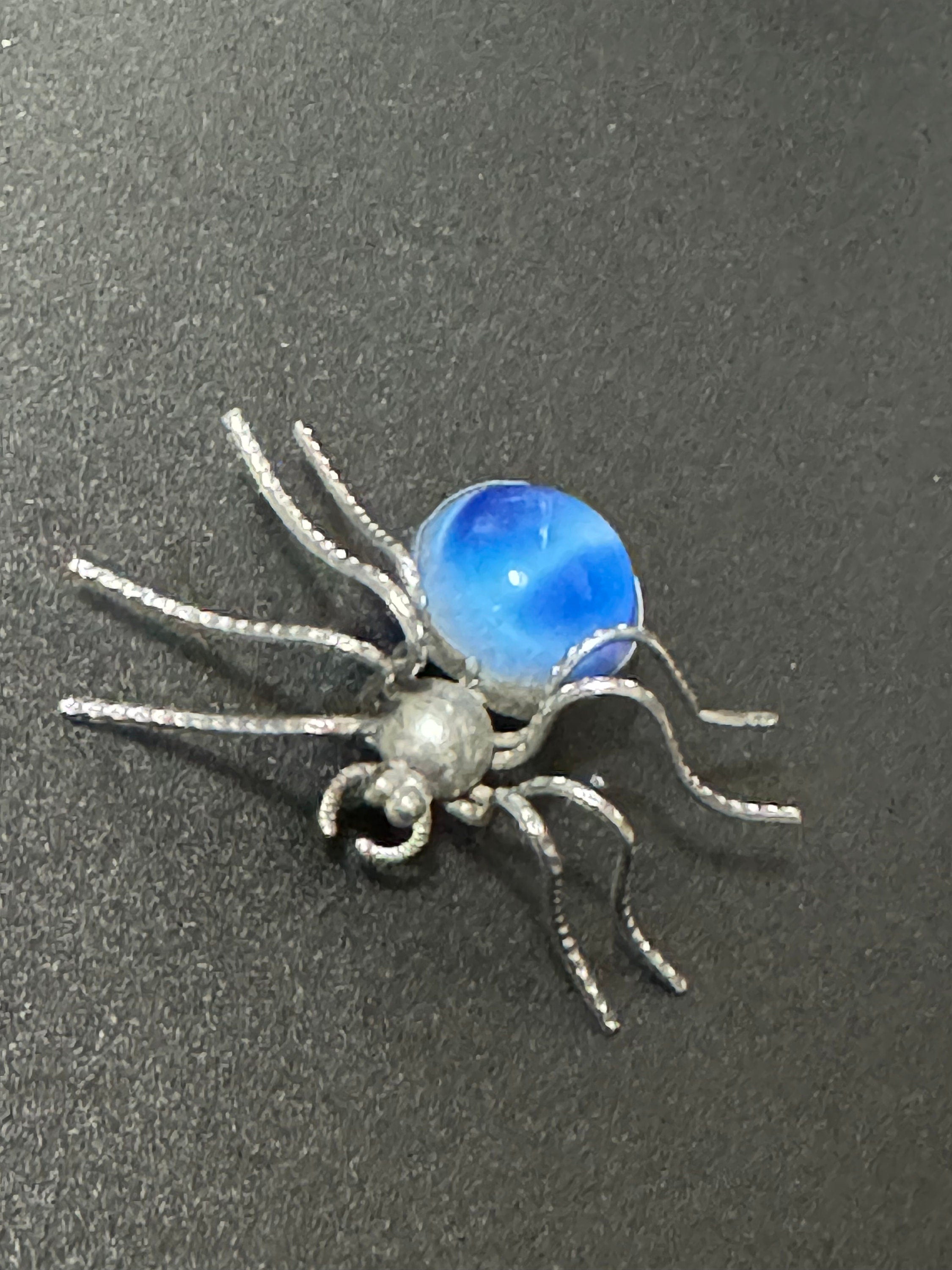 Antique Bug spider Brooch Silver tone chrome Tone with blue glass cabochon insect