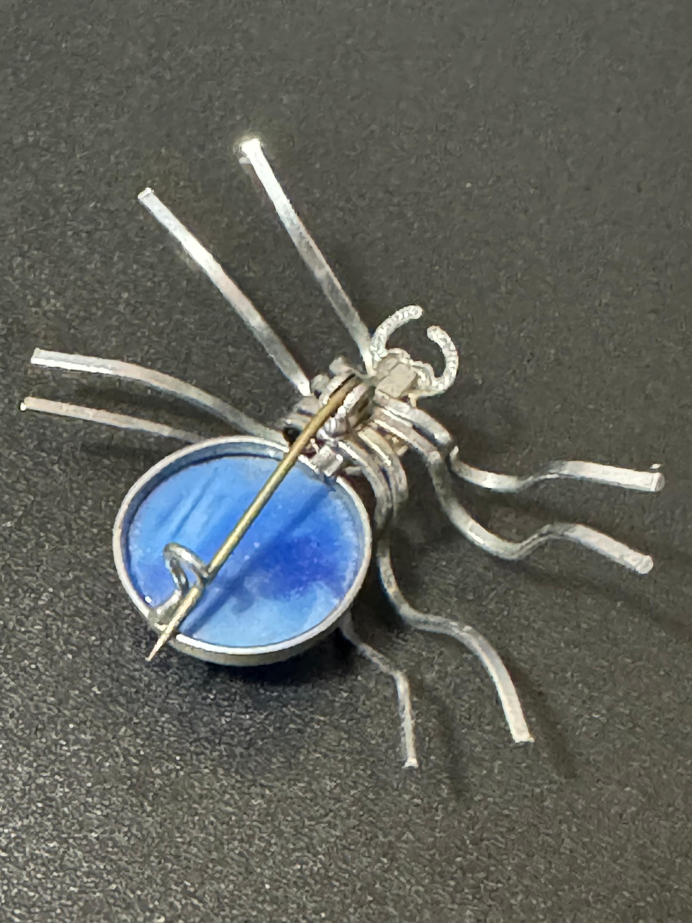 Antique Bug spider Brooch Silver tone chrome Tone with blue glass cabochon insect