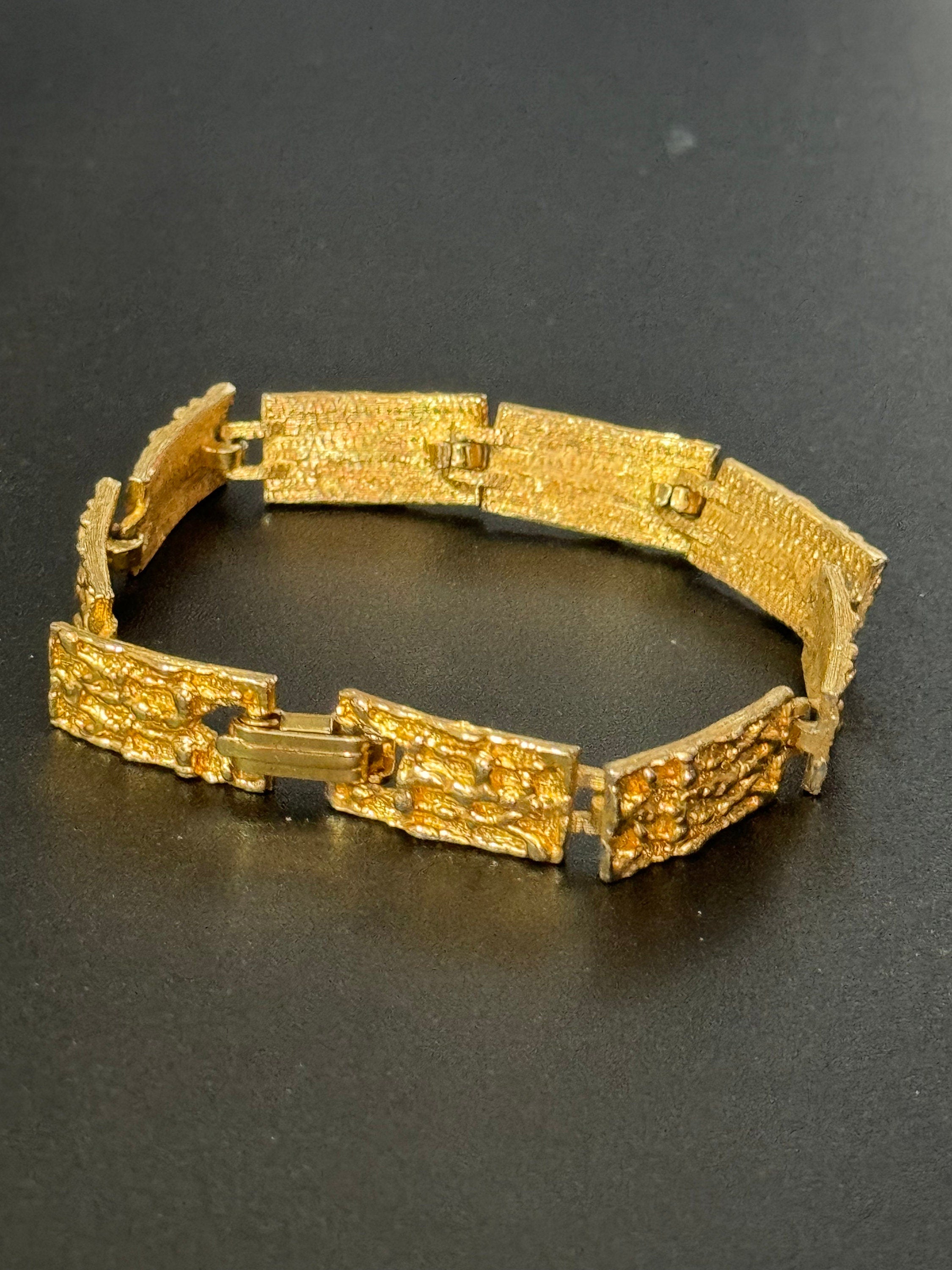 Vintage 1970s gold tone modernist abstract brutalist slim panel link chain bracelet 19 x 1cm