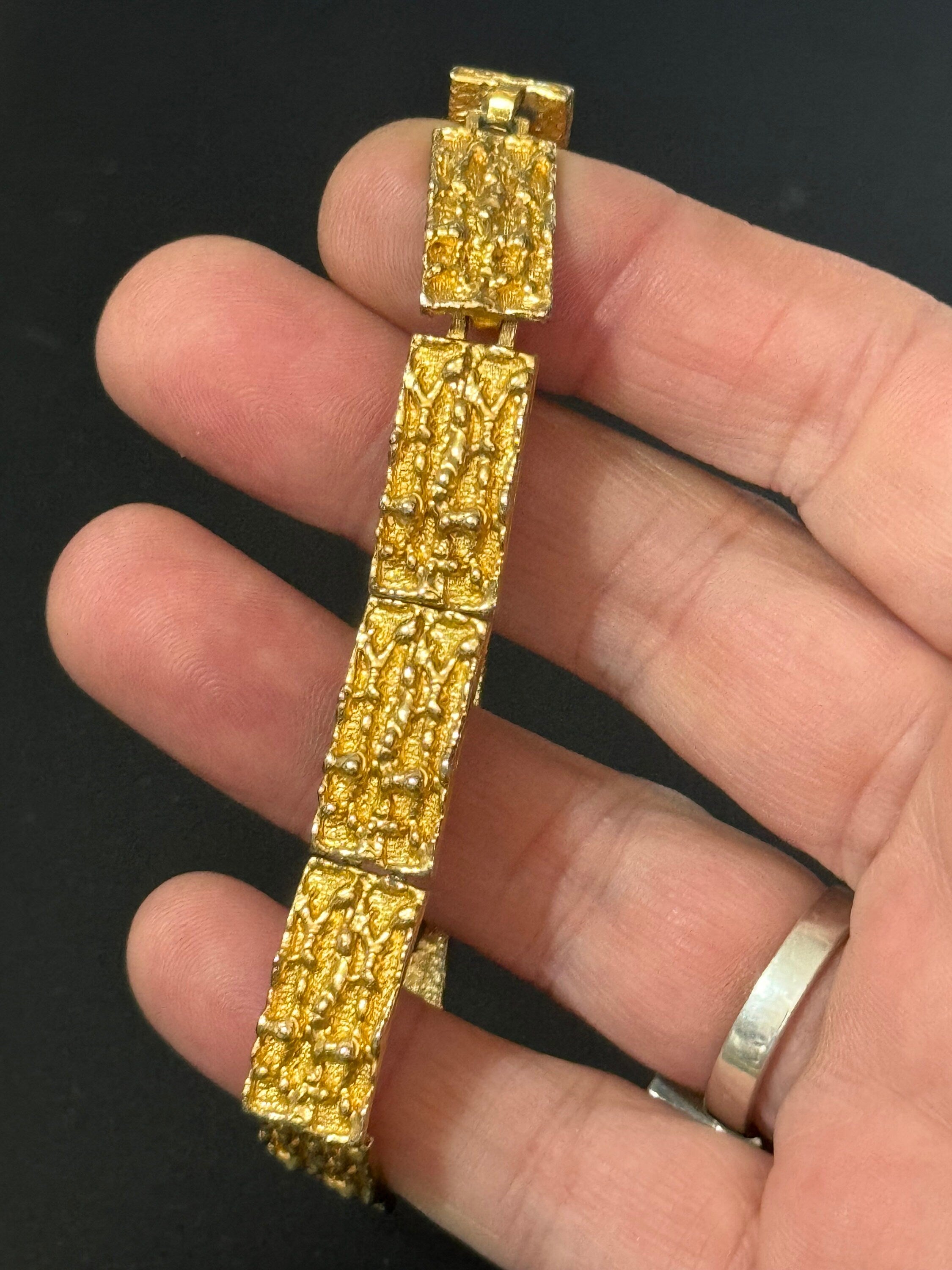 Vintage 1970s gold tone modernist abstract brutalist slim panel link chain bracelet 19 x 1cm