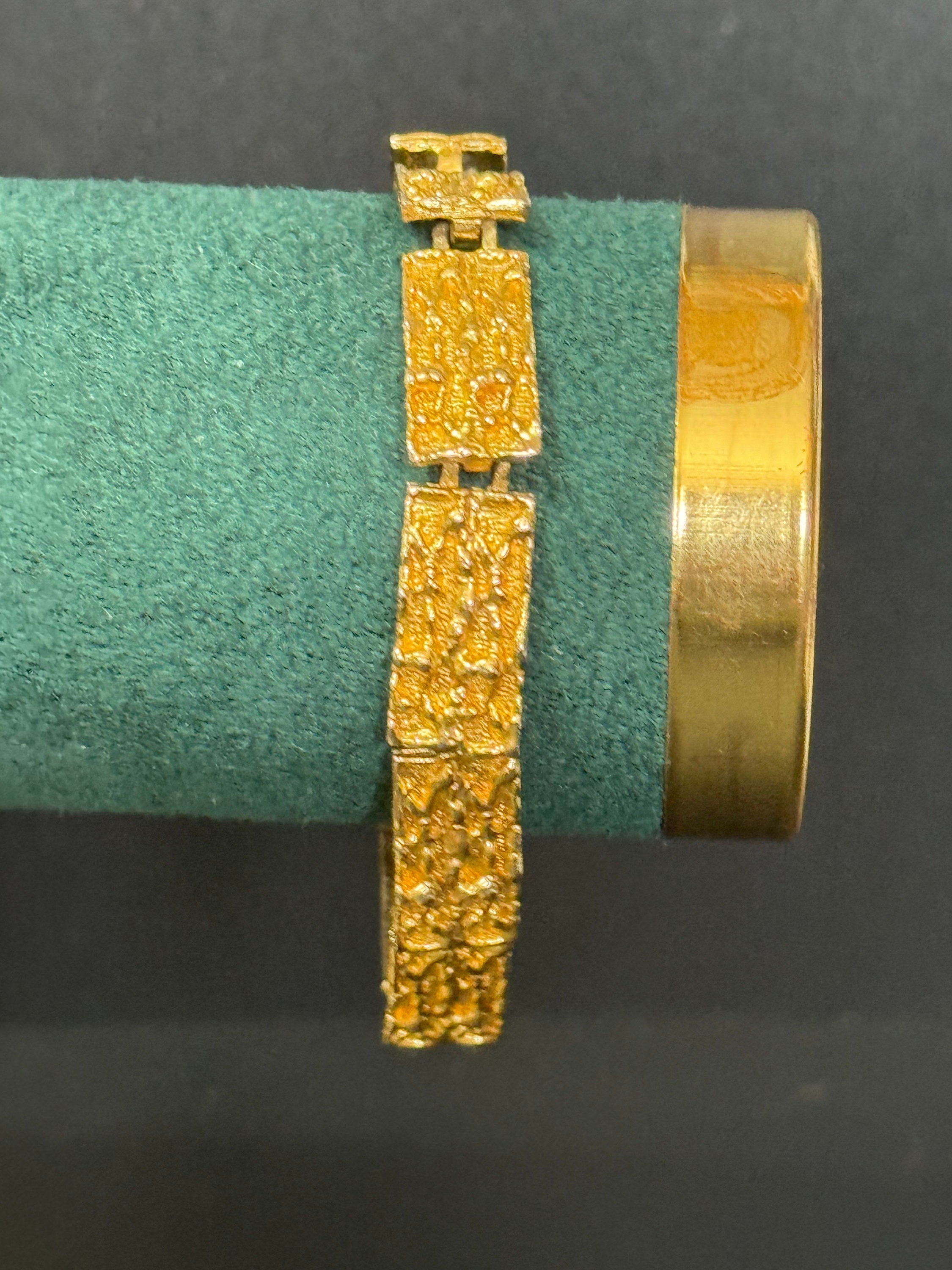Vintage 1970s gold tone modernist abstract brutalist slim panel link chain bracelet 19 x 1cm