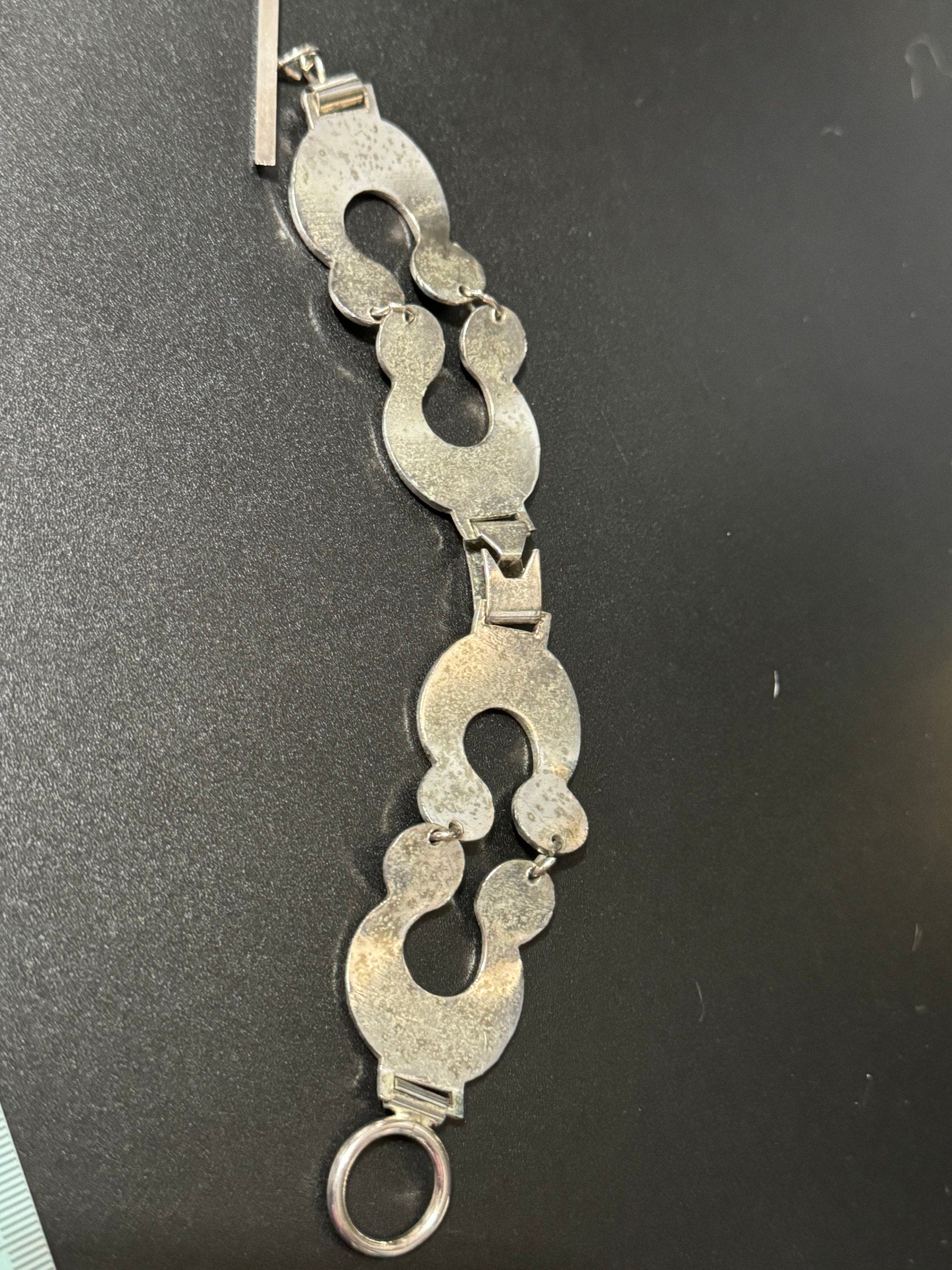 Vintage wide oversized bright blue and silver tone circle panel link bracelet