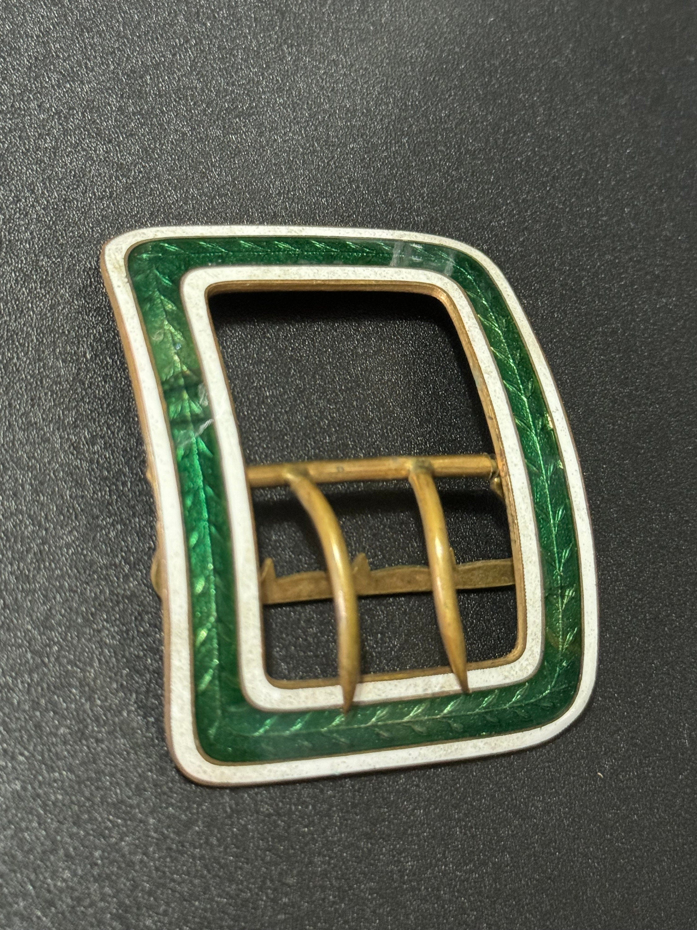 Dark green Guilloche Enamel brass Belt Buckle 1920s 1930s Sewing Haberdashery