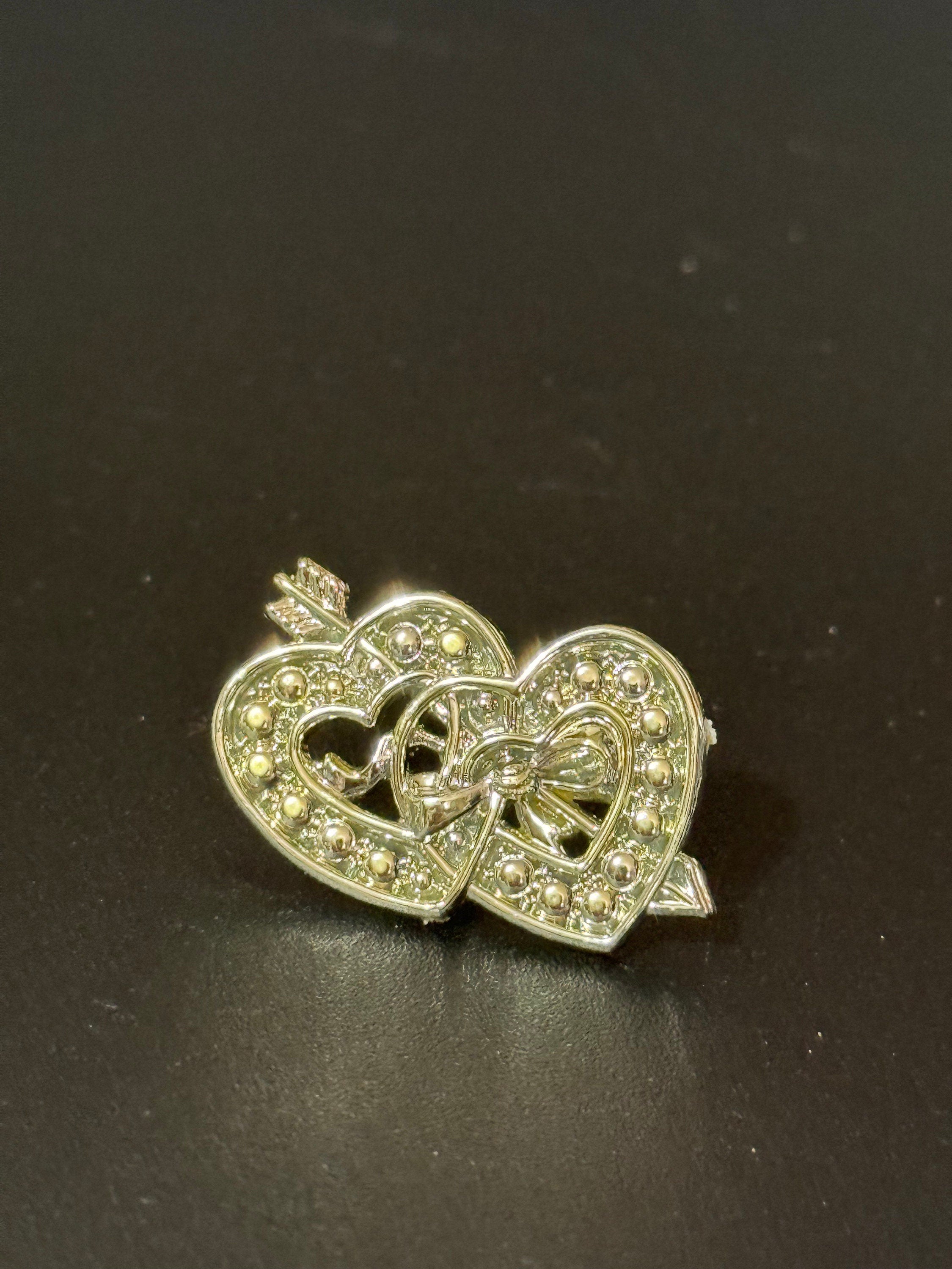 Vintage plastic two love hearts wedding cake decorations toppers champagne gold tone