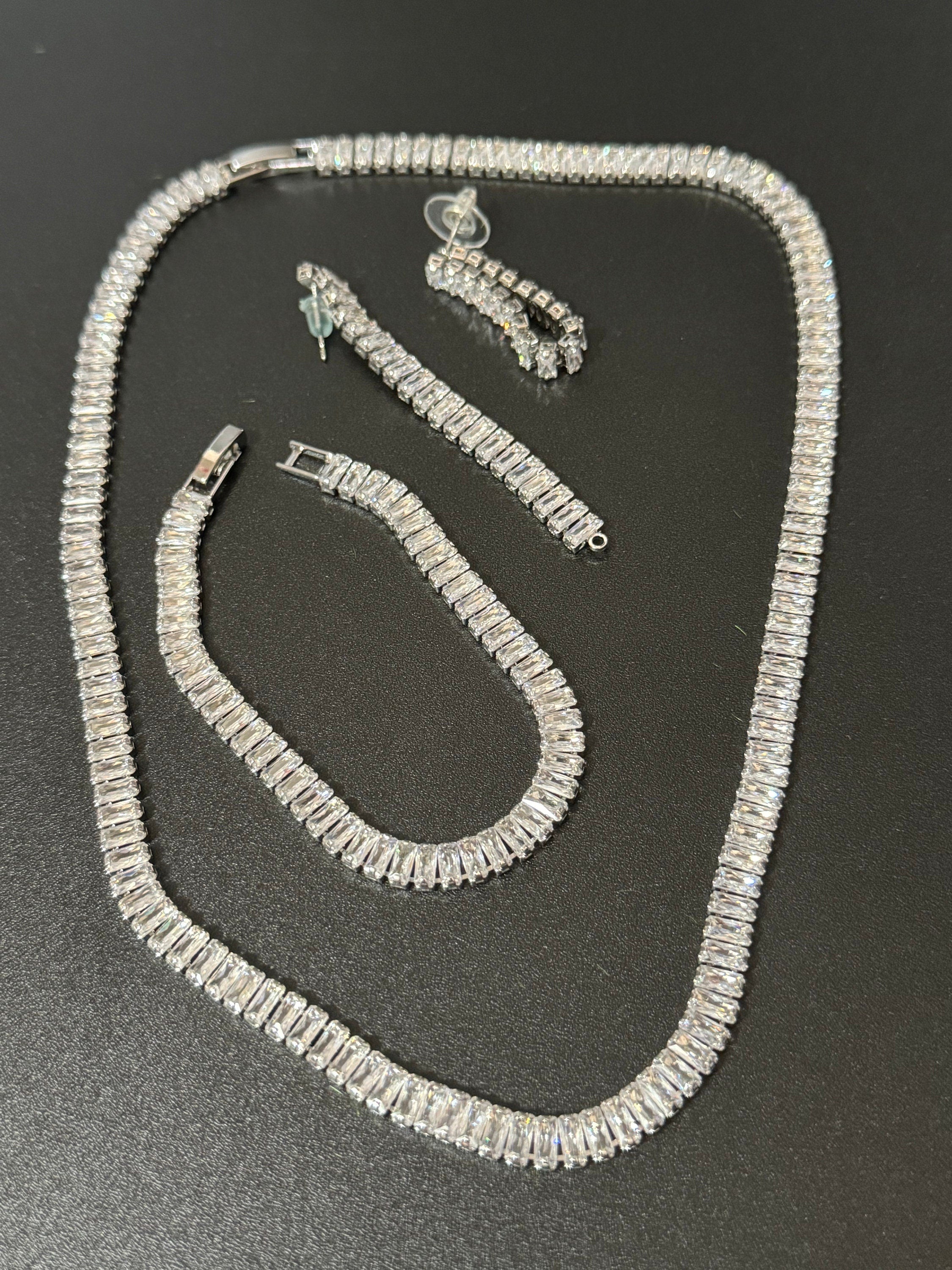 clear diamanté CZ Crystal bezel jewellery set Silver plated necklace, tennis bracelet and pierced earrings
